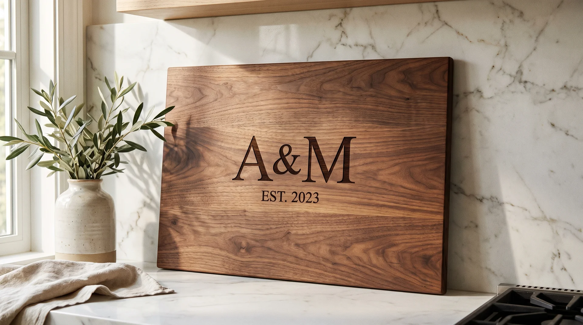 Walnut charcuterie board with engraved monogram and year resting against a marble backsplash in afternoon light