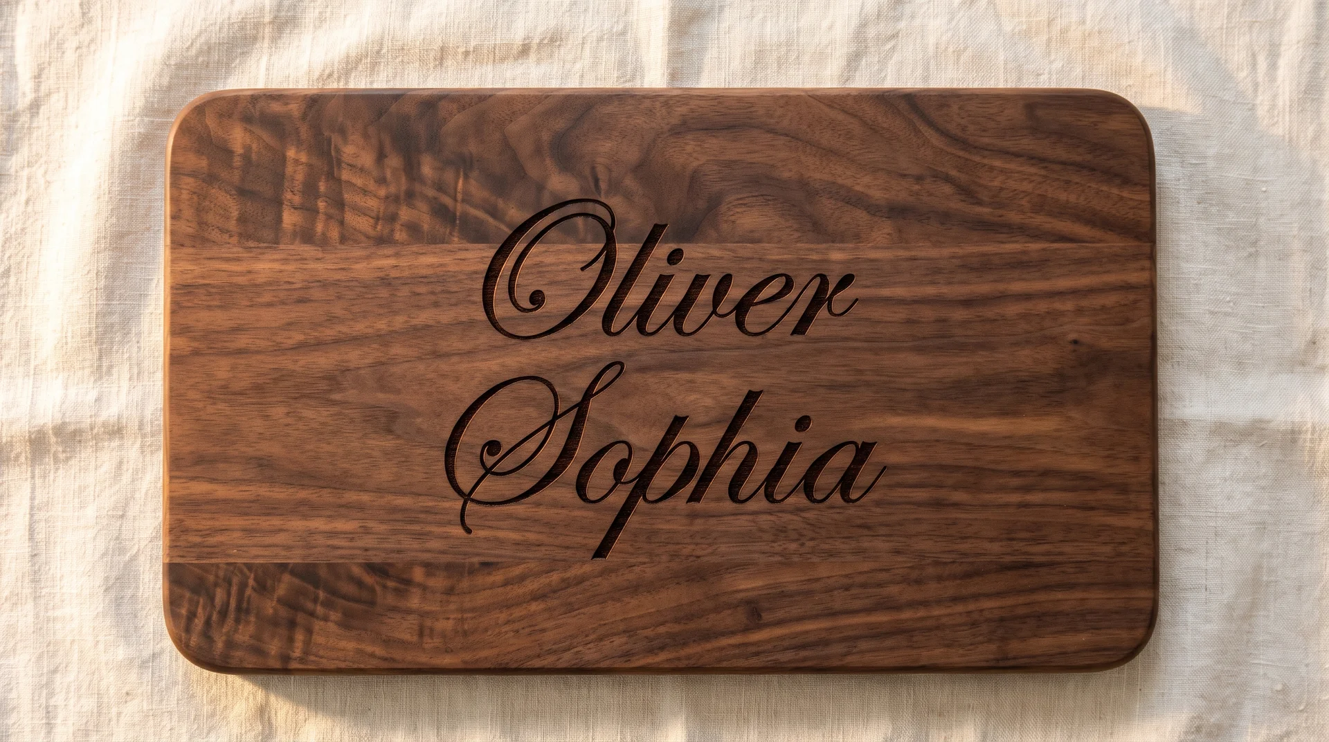 Walnut charcuterie board with two first names in italic script, centered, sidelight from the left