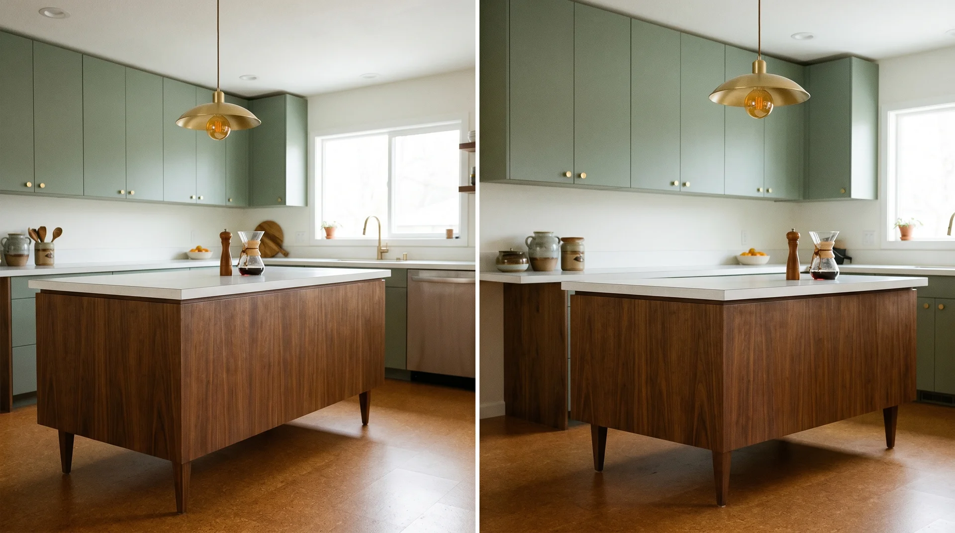 Walnut island with tapered legs and sage green upper cabinets in a mid-century modern kitchen