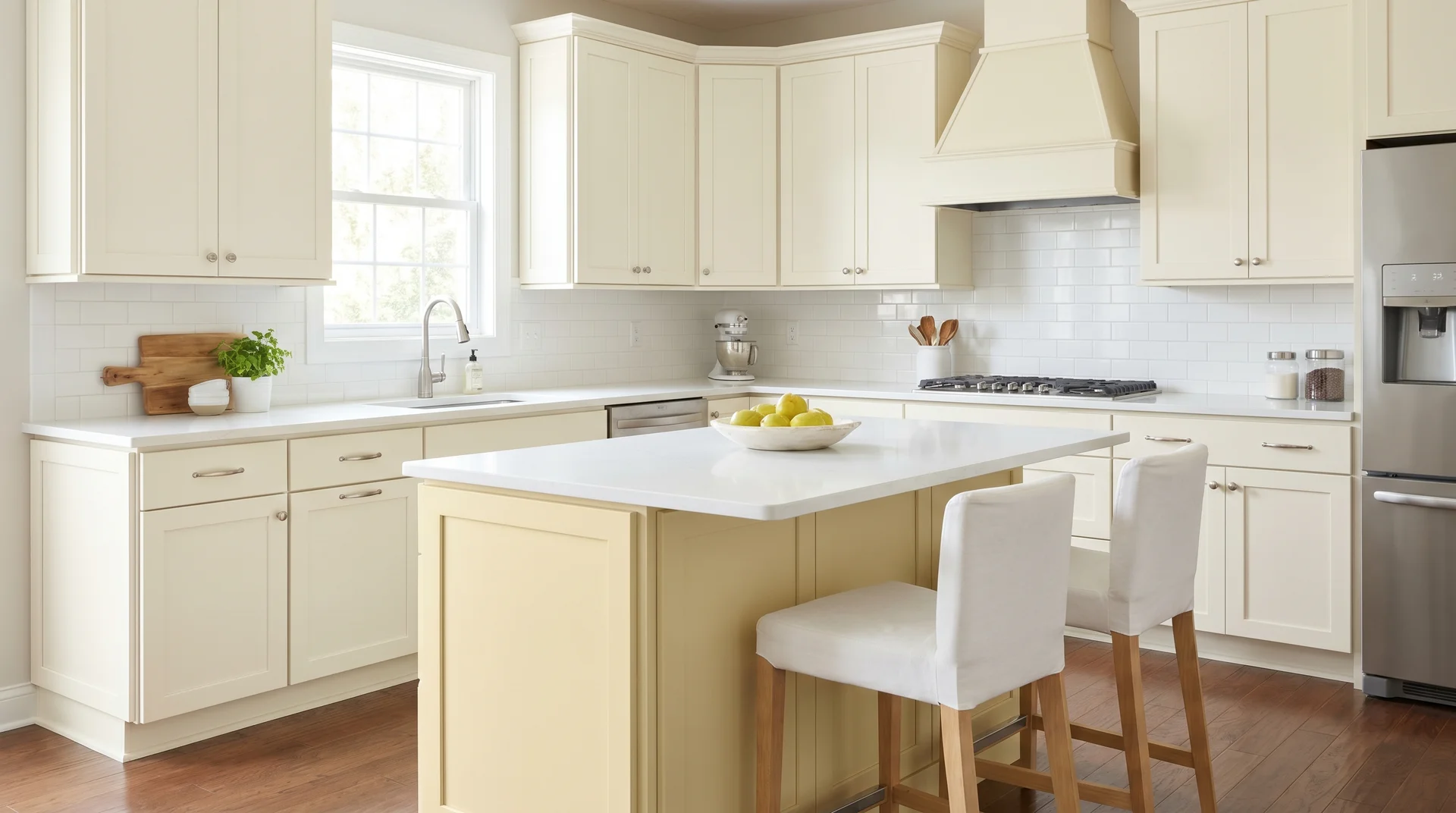 Warm cream kitchen with a muted butter yellow island reading as a deepened cream tone, white quartz countertop, morning light