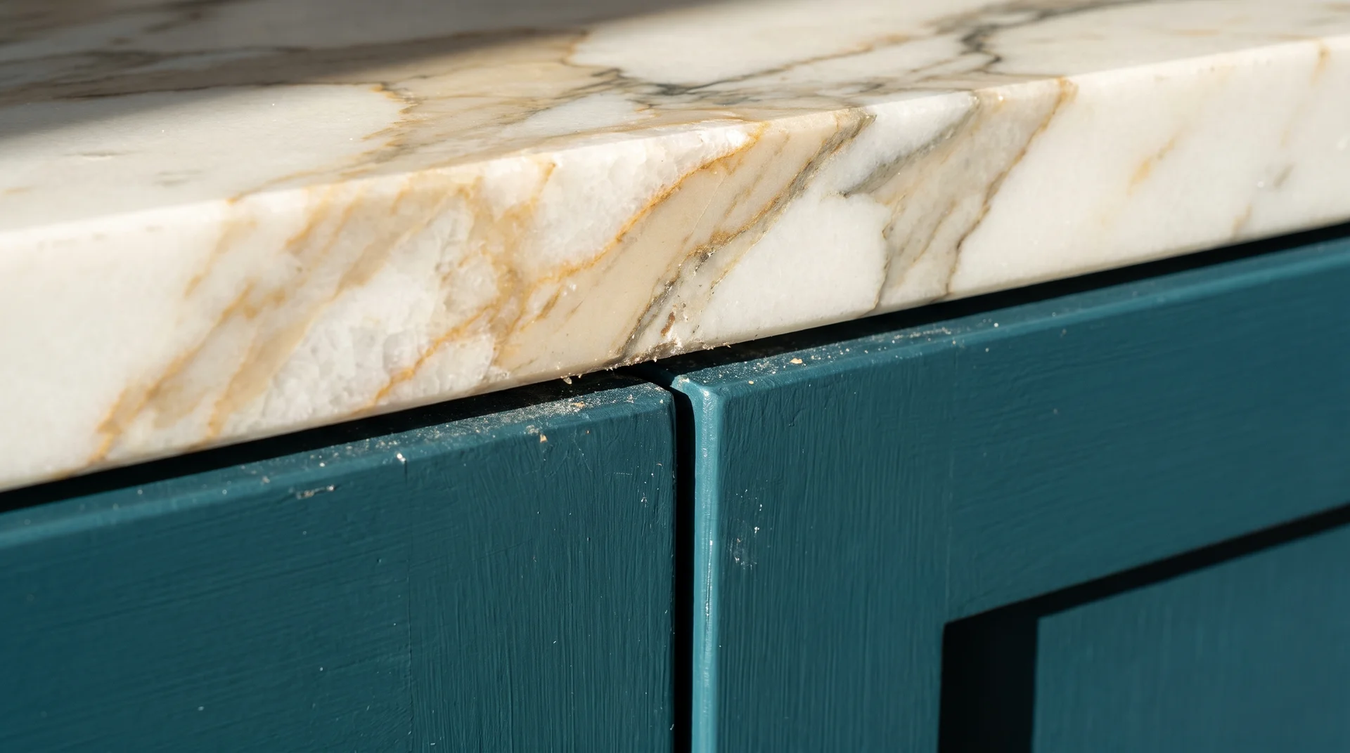 Warm gold-veined Calacatta marble countertop meeting a deep teal cabinet door showing the correct pairing