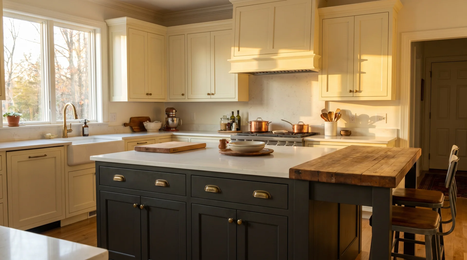 Warm white kitchen with a Wrought Iron near-black island, butcher block section, warm gold hardware, late afternoon light