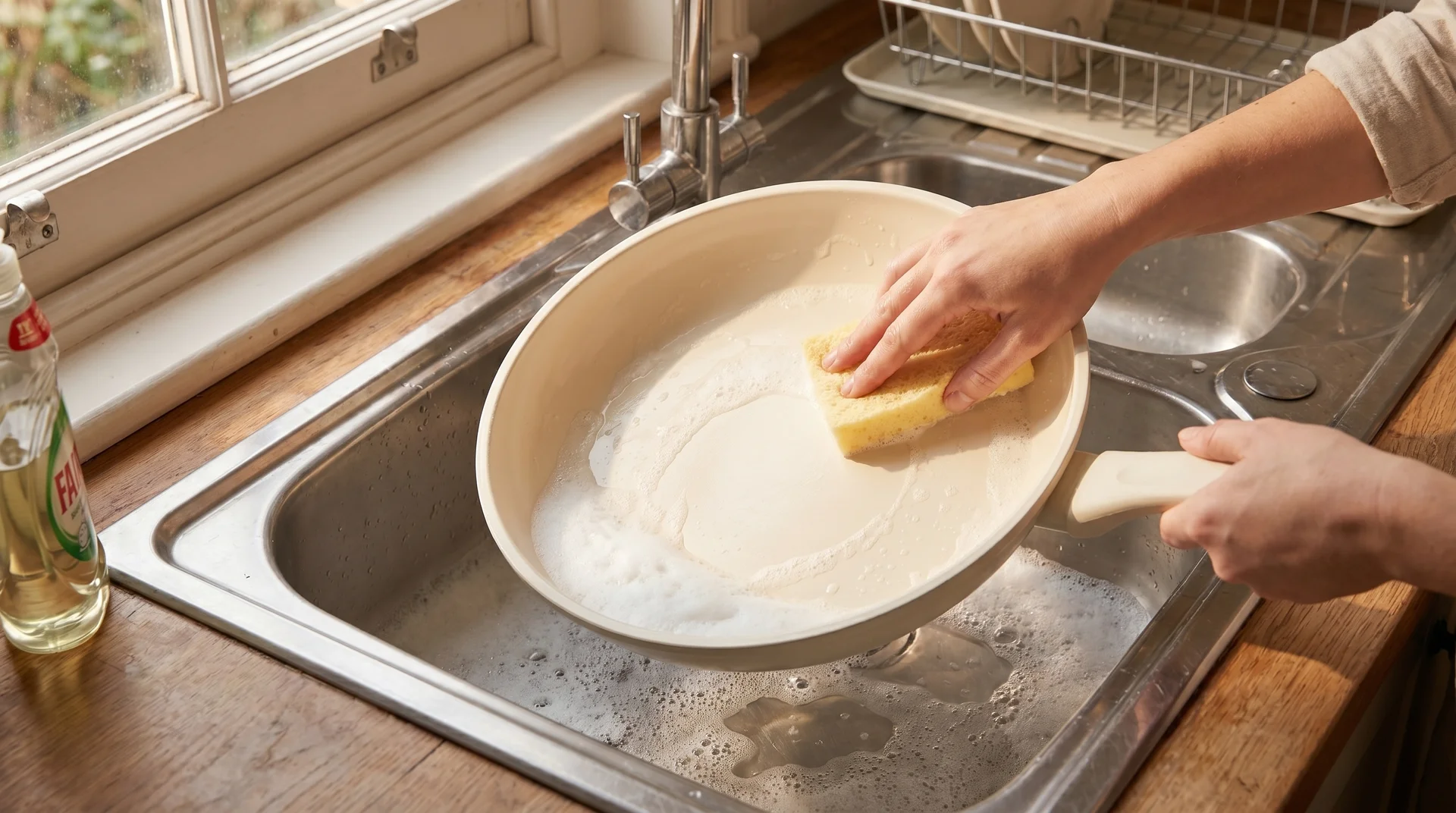 Washing a ceramic pan with gentle dish soap and soft sponge