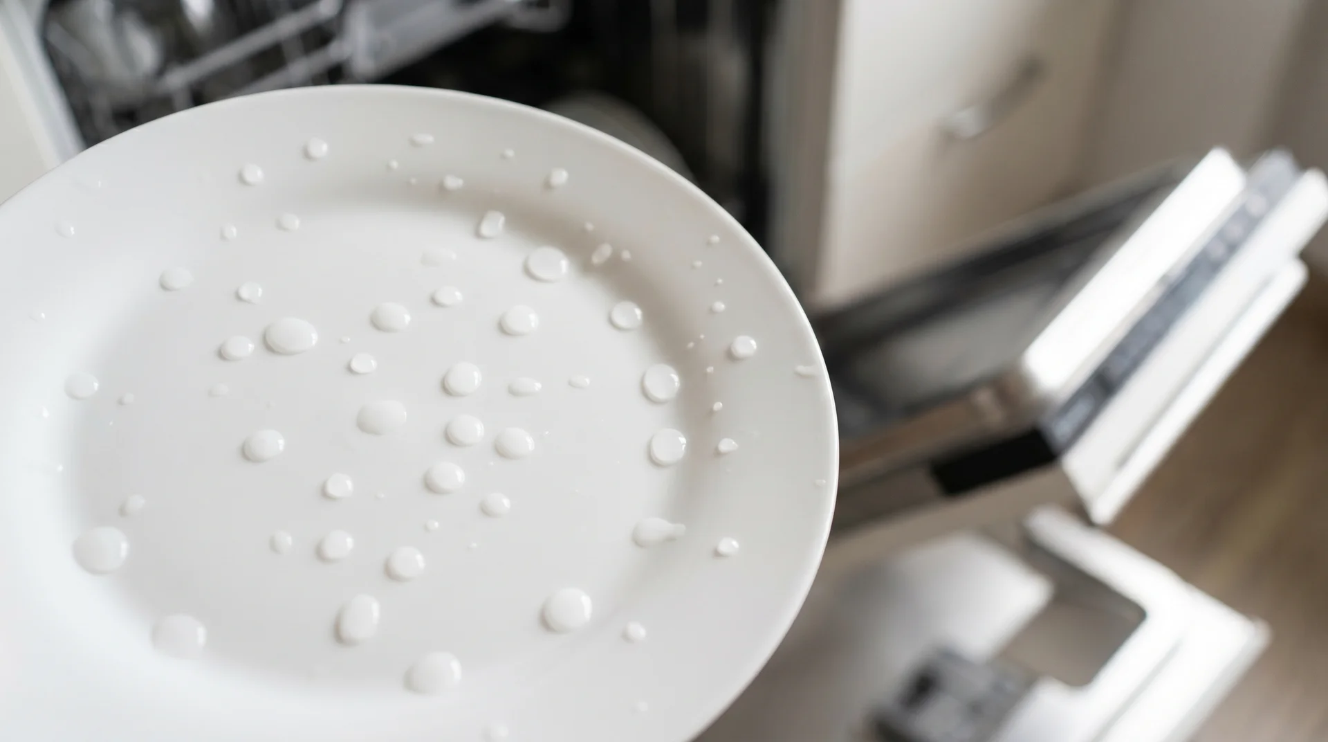Water beading in droplets on a clean plate after a dishwasher cycle, showing lack of surface tension reduction