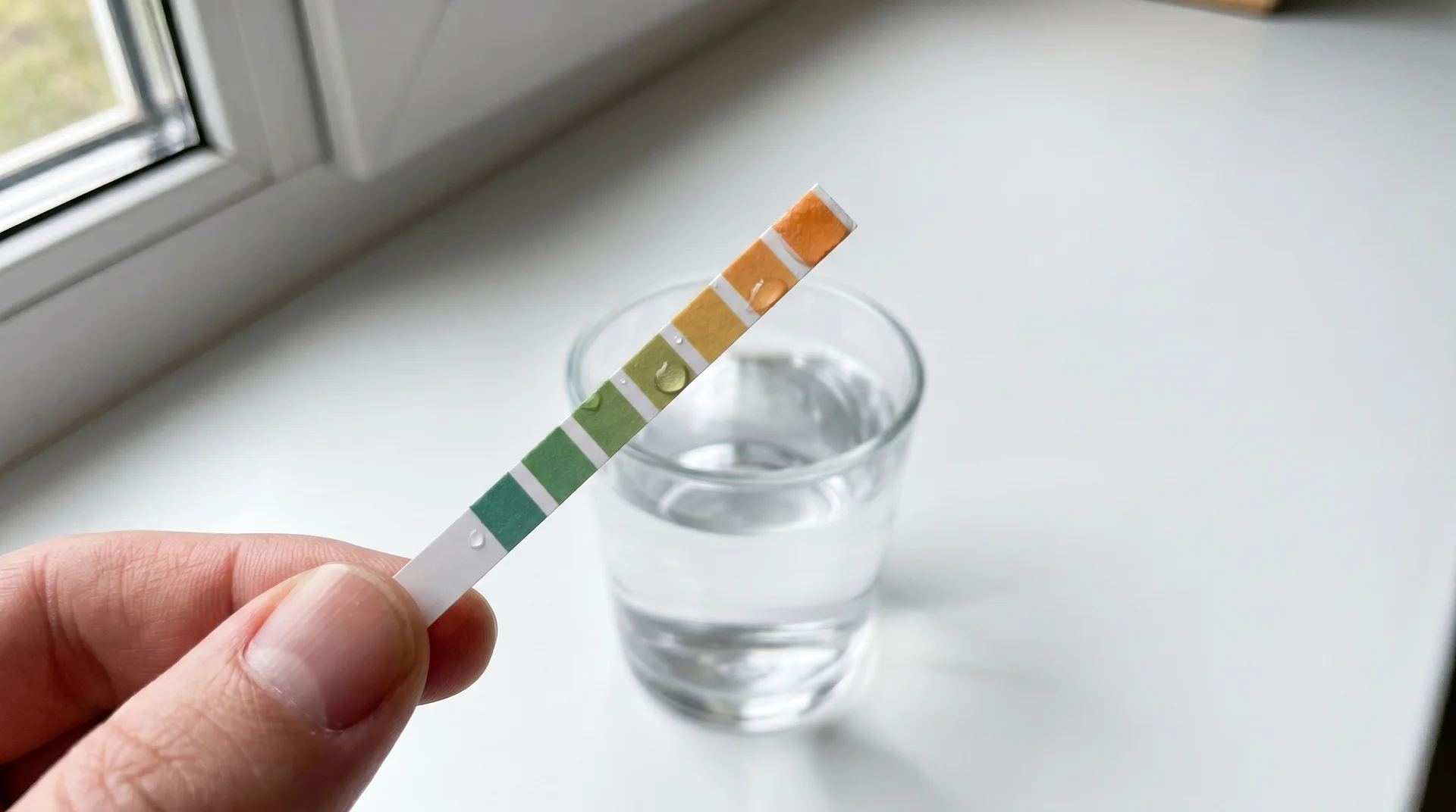 Water hardness test strip held over a glass of tap water showing a colour result band