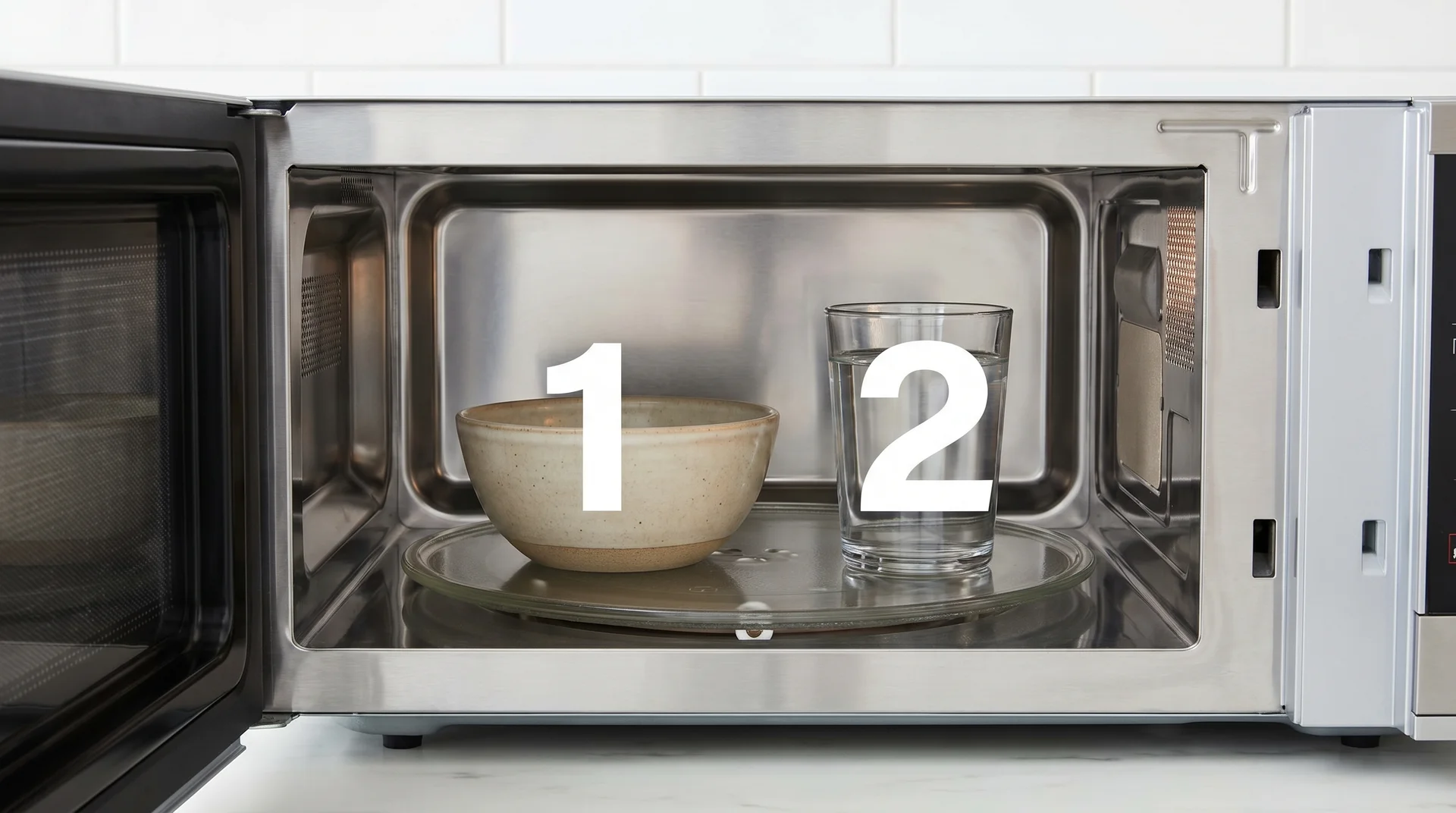 Water test setup inside microwave: empty stoneware bowl beside glass of water