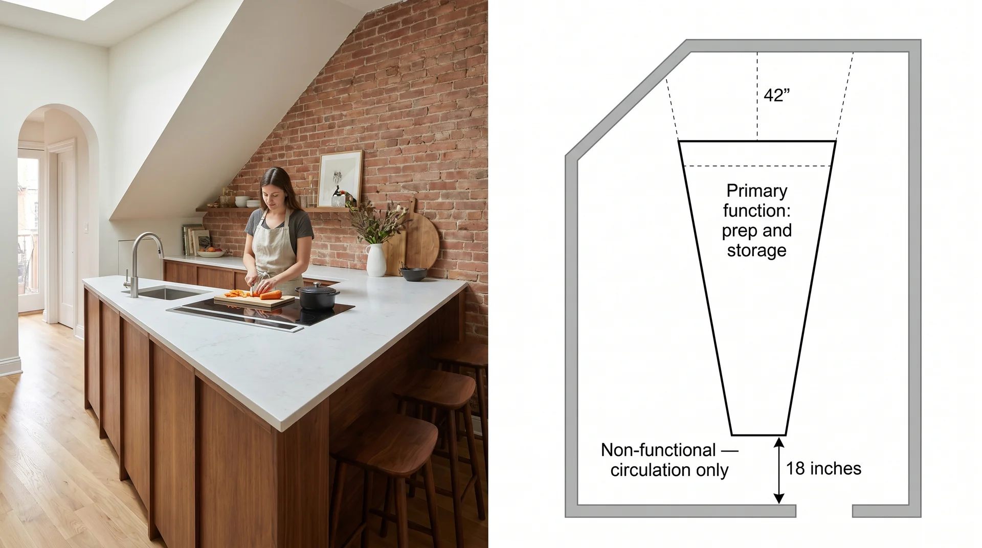 Wedge-shaped kitchen island in an irregular room beside a plan showing functional wide end and non-functional narrow end