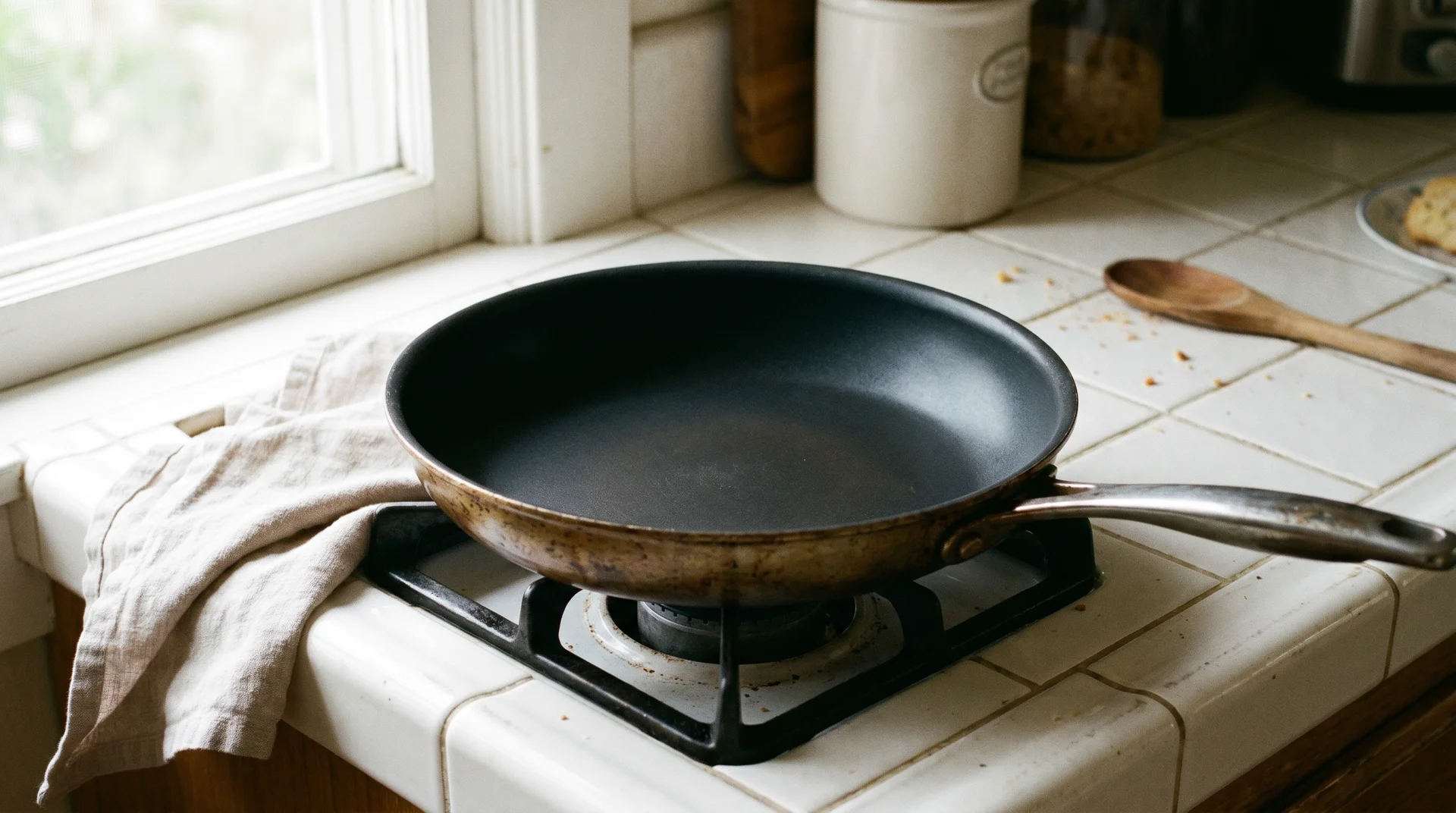 Well-maintained nonstick skillet on a gas burner with a soft cloth beside it, morning kitchen light