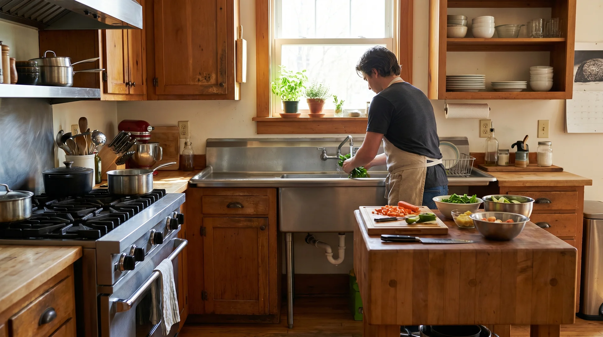 Well-positioned kitchen sink near prep space and cooking zone