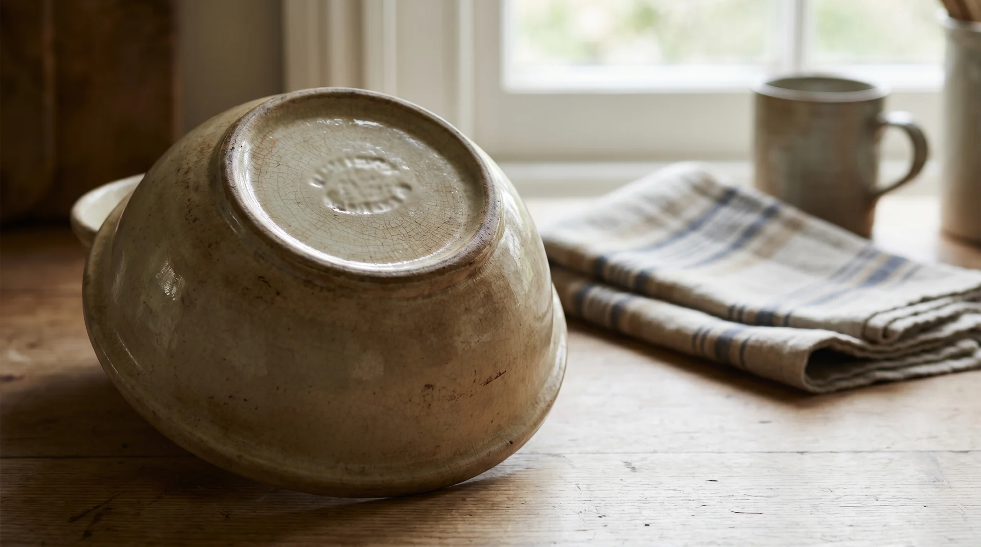 Well-used stoneware bowl on kitchen counter showing base marking — microwave safe label question