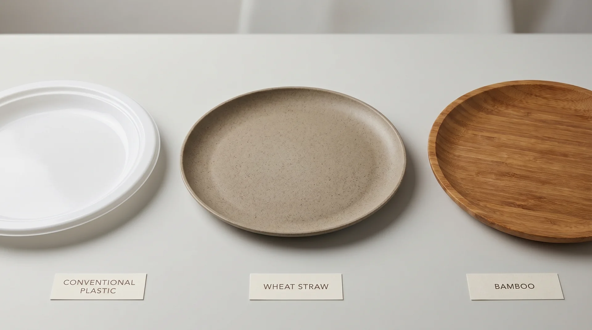 Wheat straw plate, conventional plastic plate, and bamboo plate side by side on a neutral surface for comparison