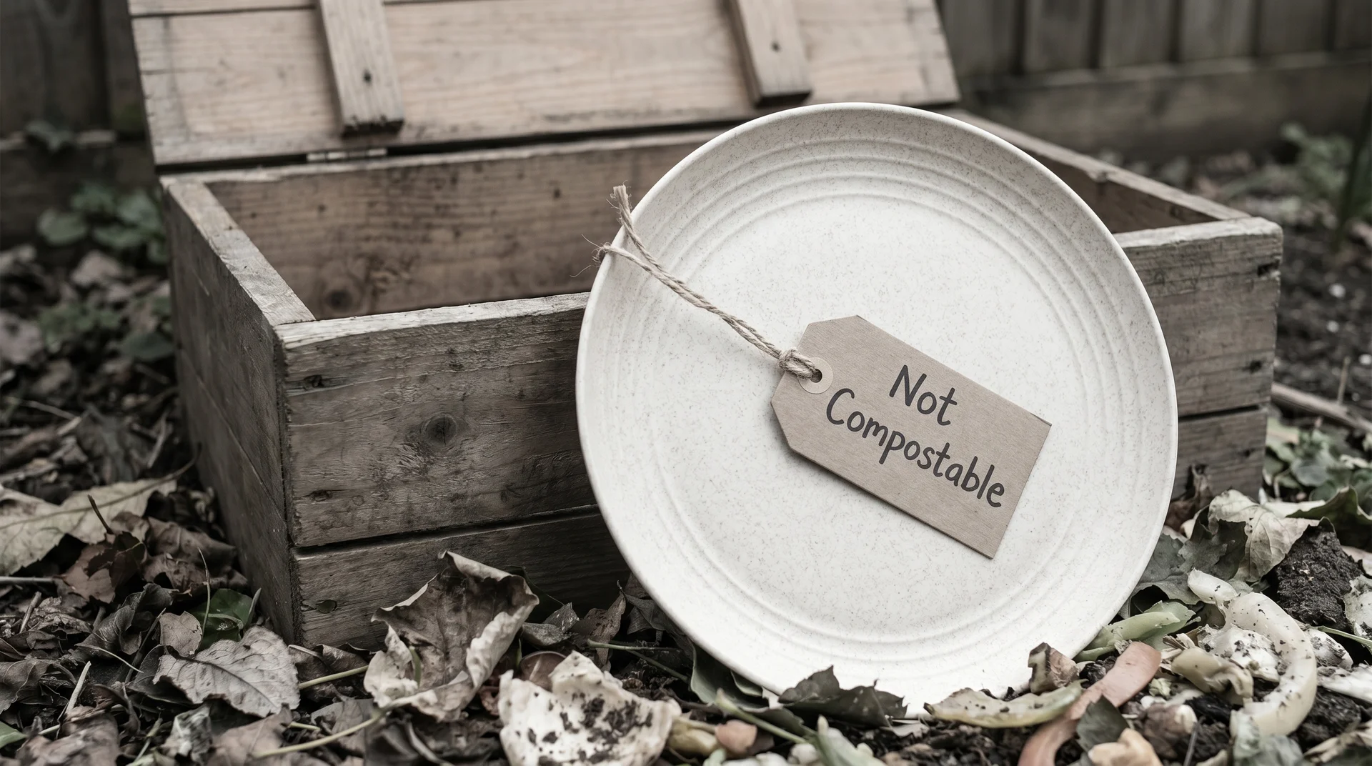 Wheat straw plate inside a compost bin with a "not compostable" tag, garden setting
