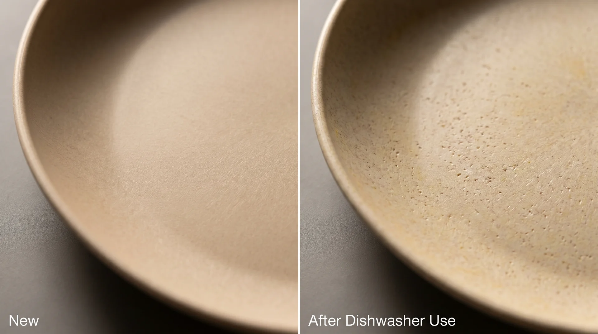 Wheat straw plate surface comparison showing new finish versus micro-pitting after repeated dishwasher cycles