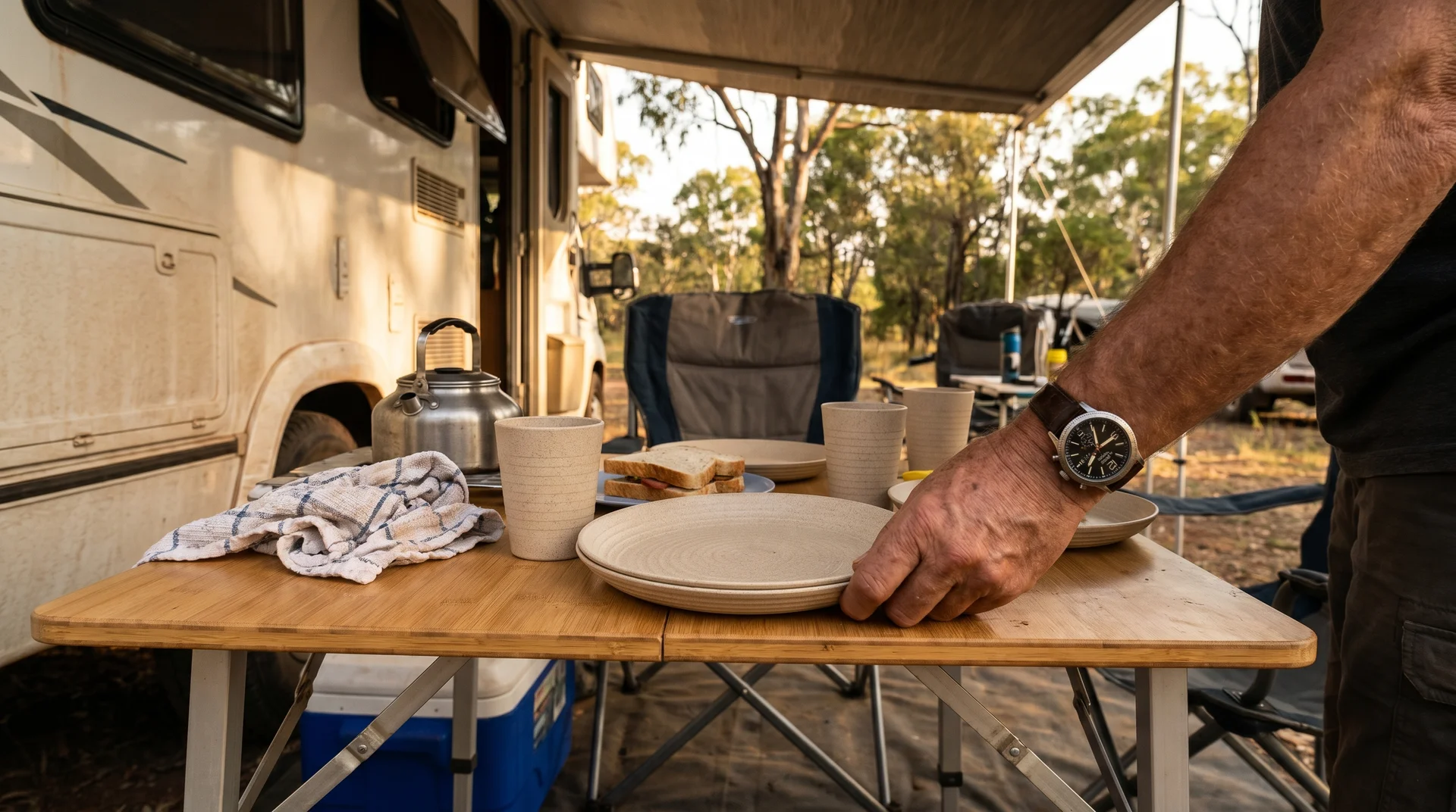 Wheat straw plates set out for a casual camping meal on a compact outdoor table in afternoon light
