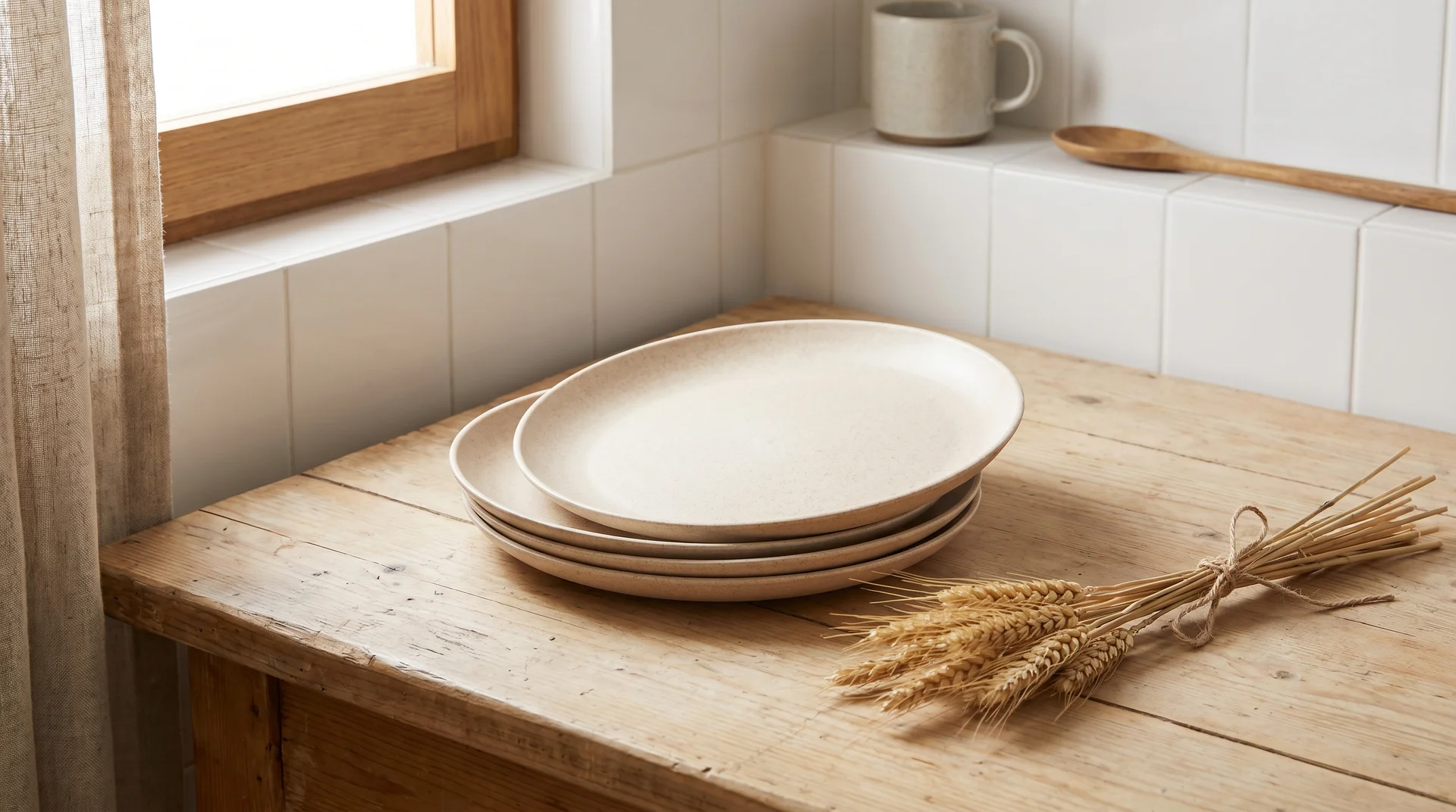 Wheat straw plates stacked on a kitchen countertop with raw wheat stalks, natural morning light