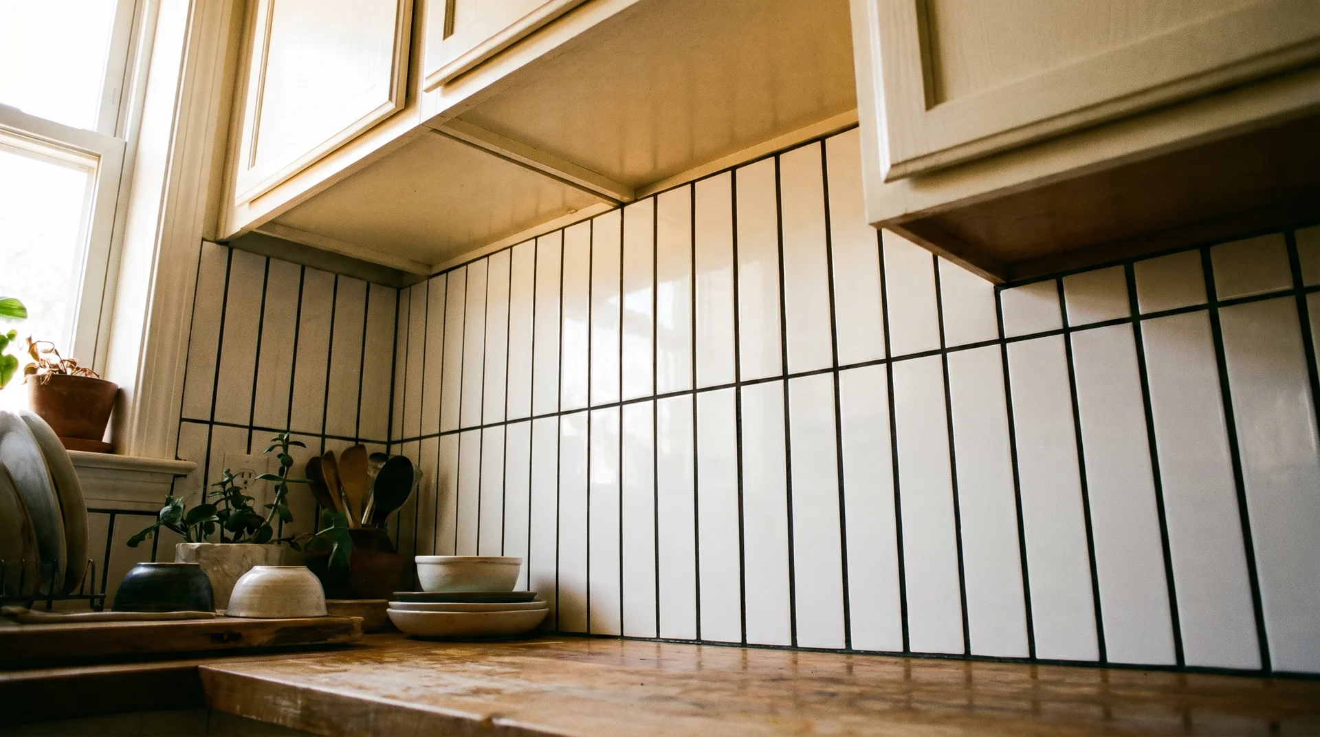 White 3x12 elongated subway tile in vertical layout with black grout, showing ceiling-height visual effect in a low-ceiling kitchen 