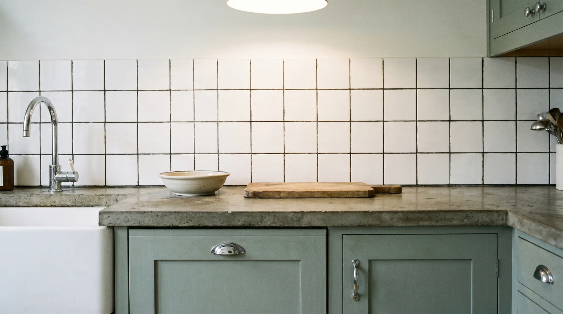 White 4x4 square tile with black grout in a period-style kitchen with chrome fixtures and sage shaker cabinets 