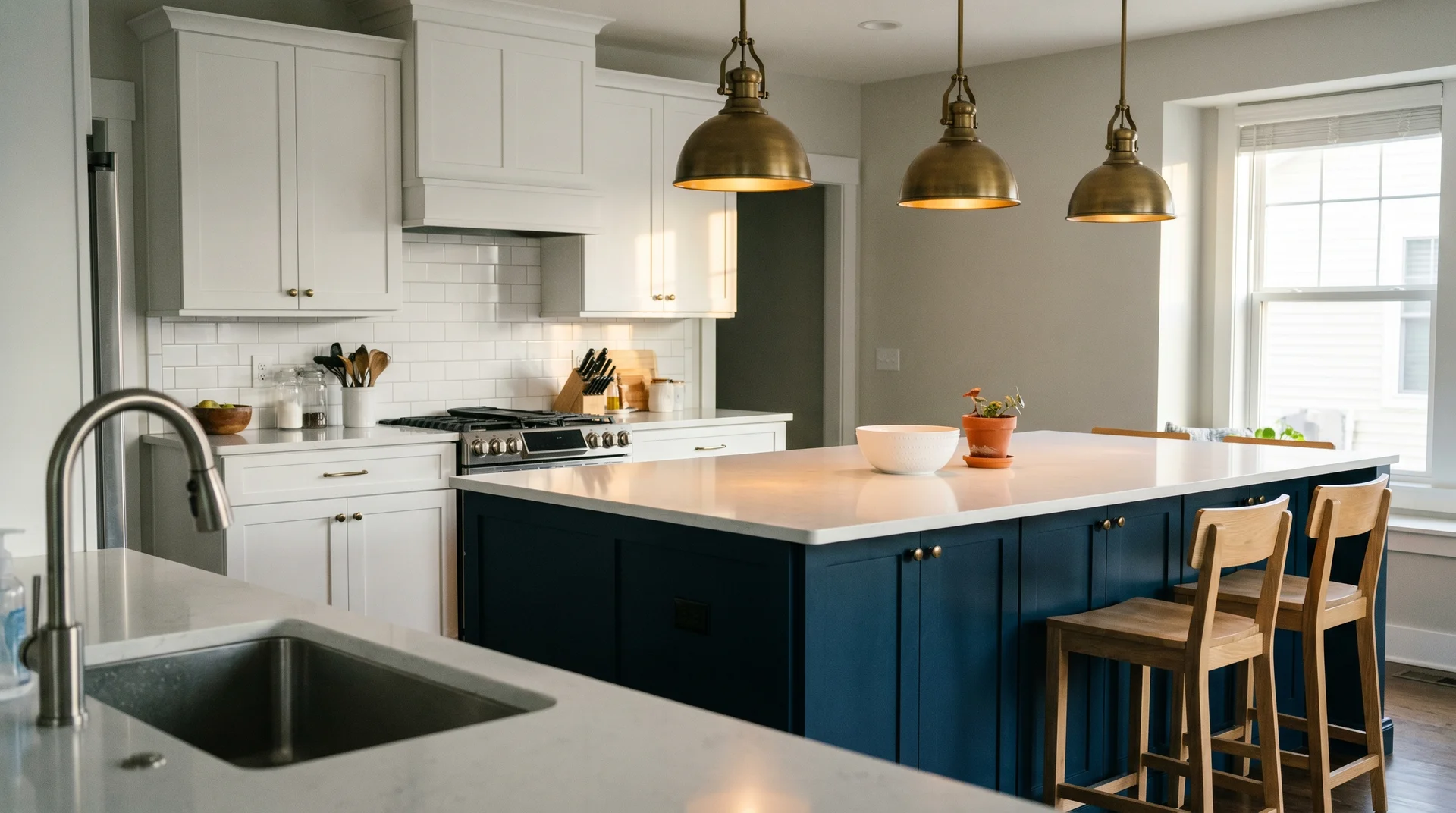 White Shaker kitchen with a Hale Navy island, aged brass pendants, white quartz countertop, afternoon light