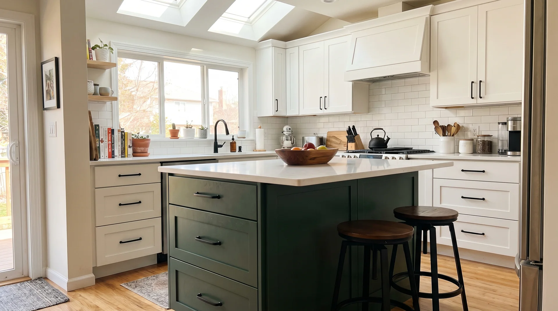 White Shaker kitchen with a deep Essex Green island, matte black hardware, white quartz countertop, strong natural light