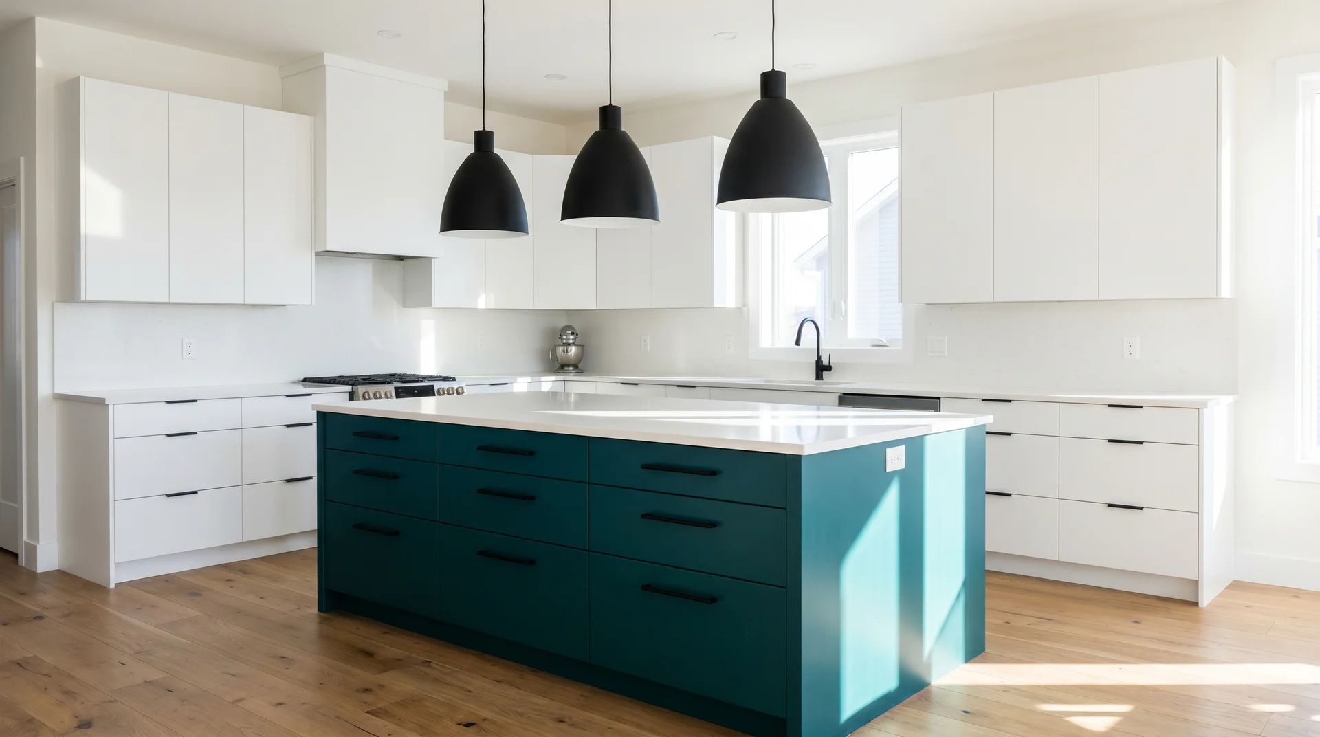 White cabinet kitchen with a dramatic Dark Harbor teal island, black pendant lights, matte black hardware, natural light