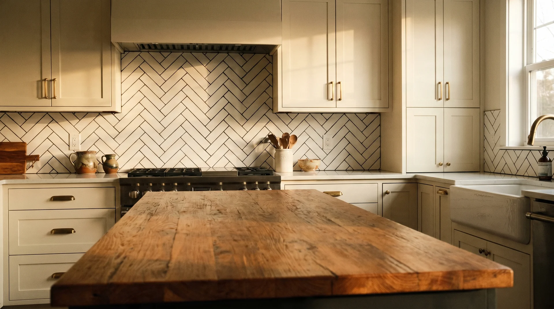 White herringbone tile with black grout, cream cabinets, and warm wood island in the foreground showing the mediating relationship 