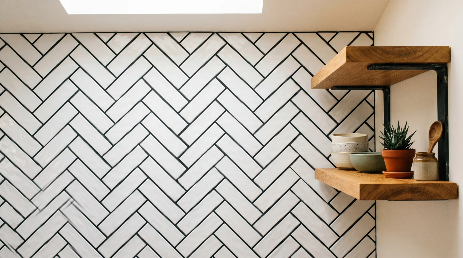 White herringbone tile with black grout kitchen backsplash, warm oak open shelf visible at right edge of frame 