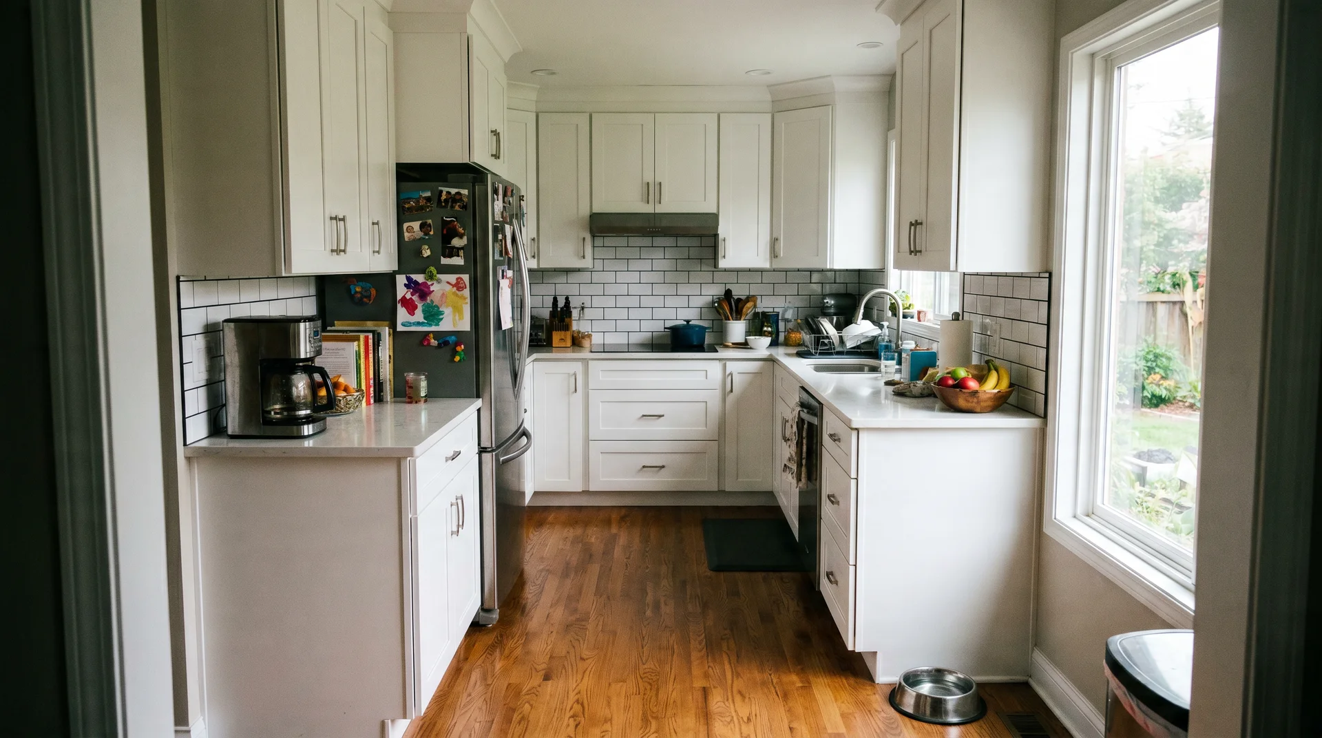 White kitchen with black grout backsplash, shaker cabinets, and pale countertop showing full room context