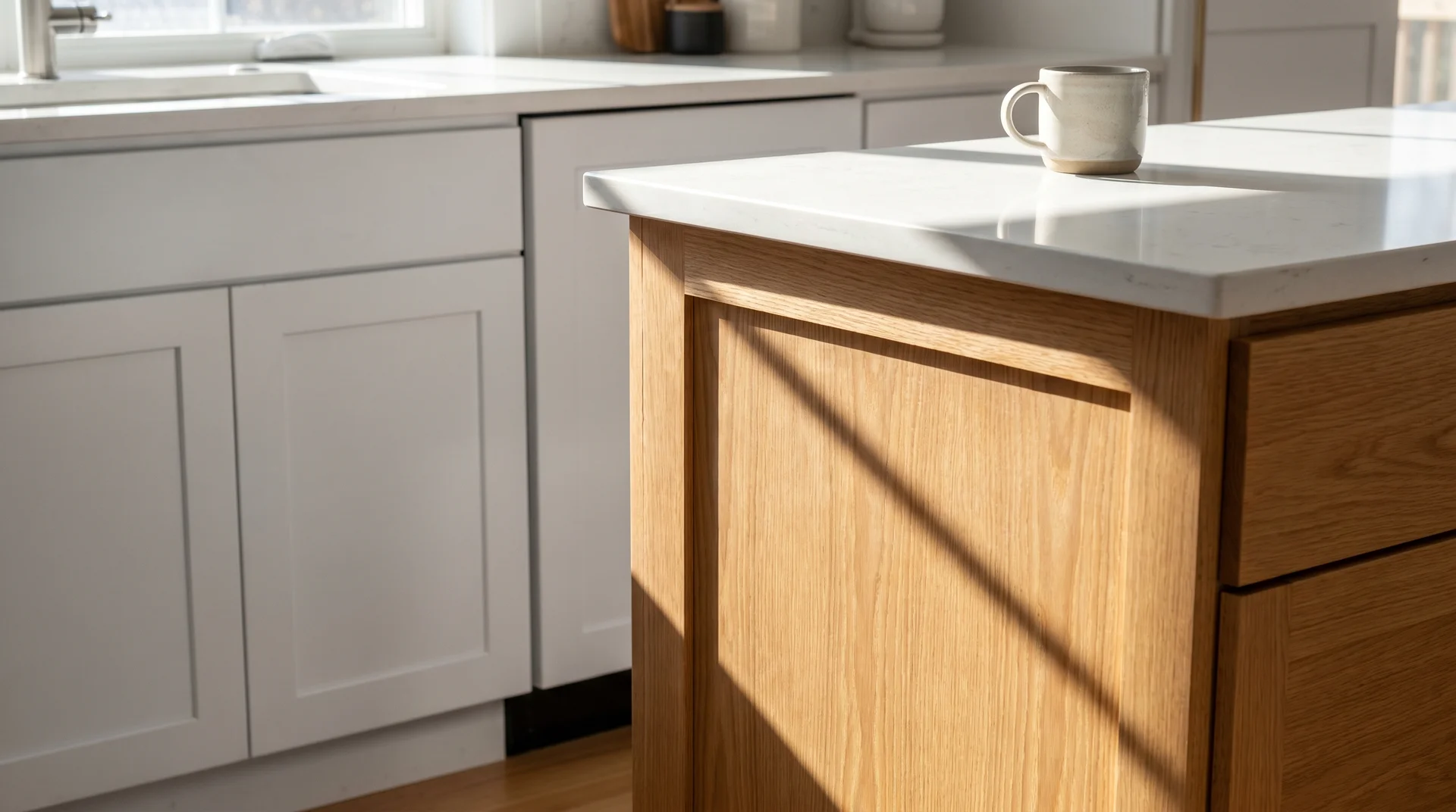 White oak kitchen island grain in close detail against white painted Shaker doors, showing material and texture contrast