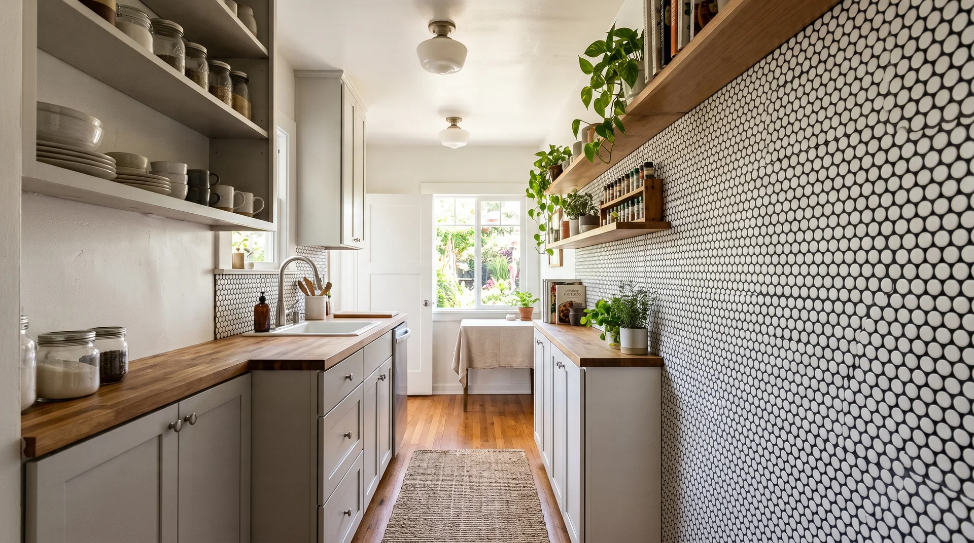 White penny round tile with black grout in a narrow galley kitchen, reading as texture at distance 