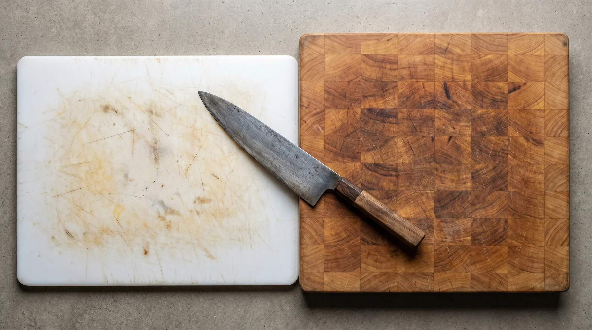 White plastic cutting board and end-grain maple wood cutting board side by side showing surface differences.