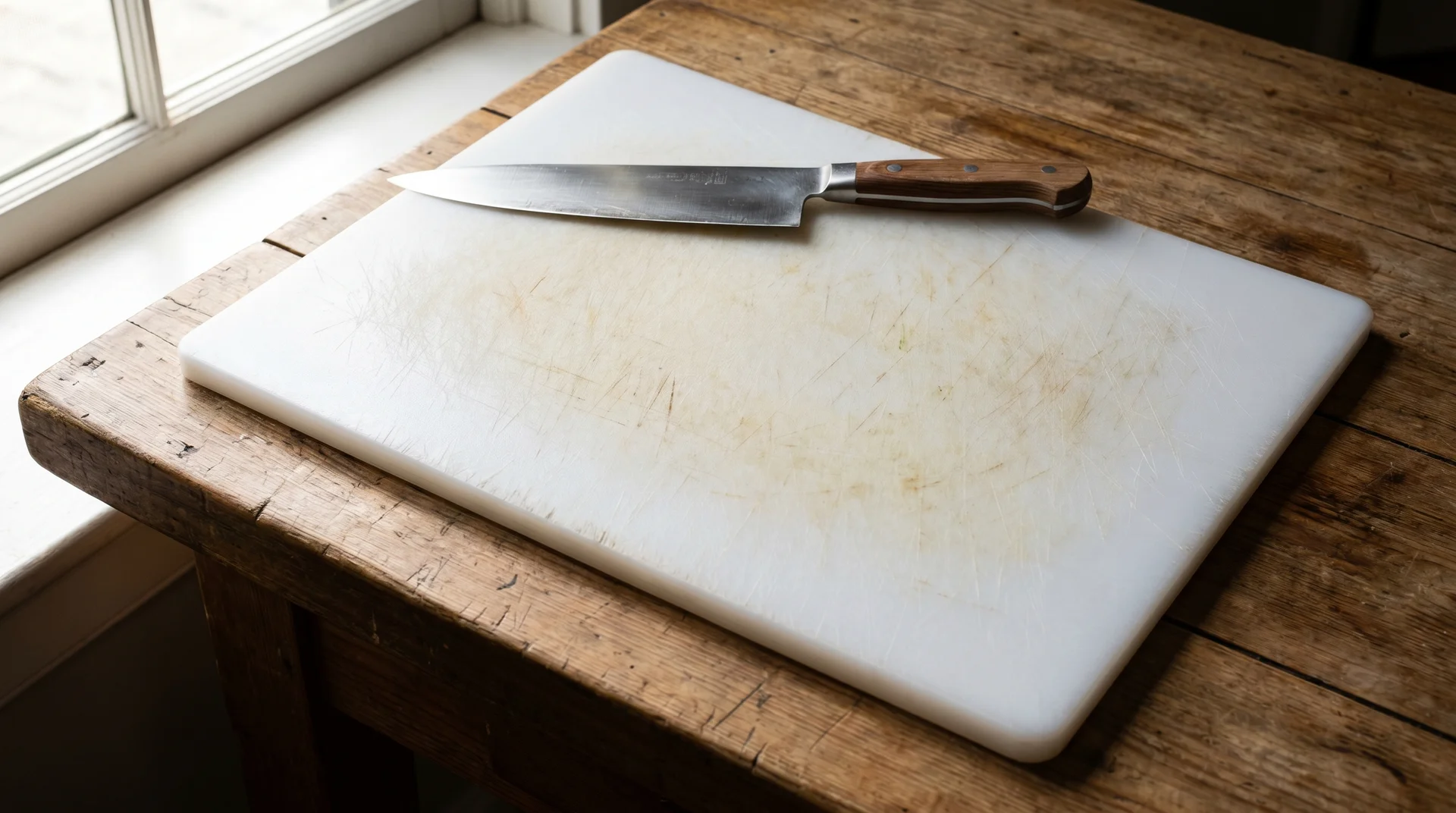 White plastic cutting board with chef's knife on a kitchen counter in natural light