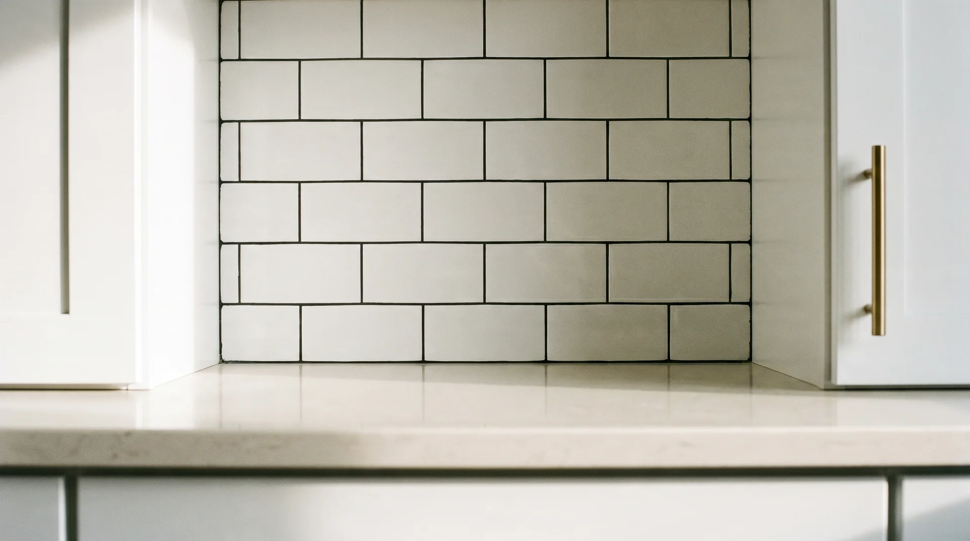 White shaker kitchen with offset subway tile, black grout, pale quartz countertop, and brushed brass hardware