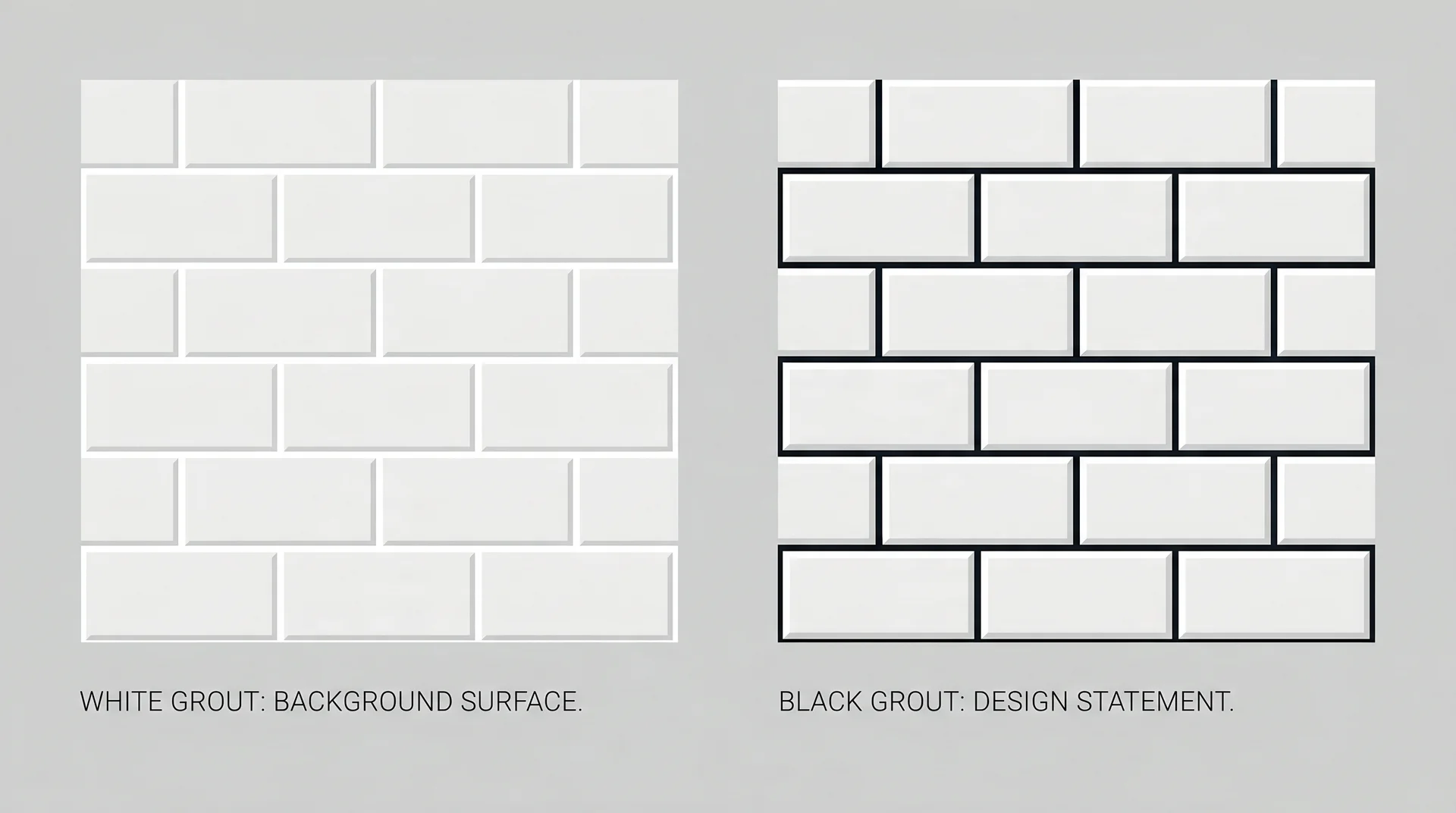 White subway tile comparison showing visual difference between white grout and black grout on the same tile 