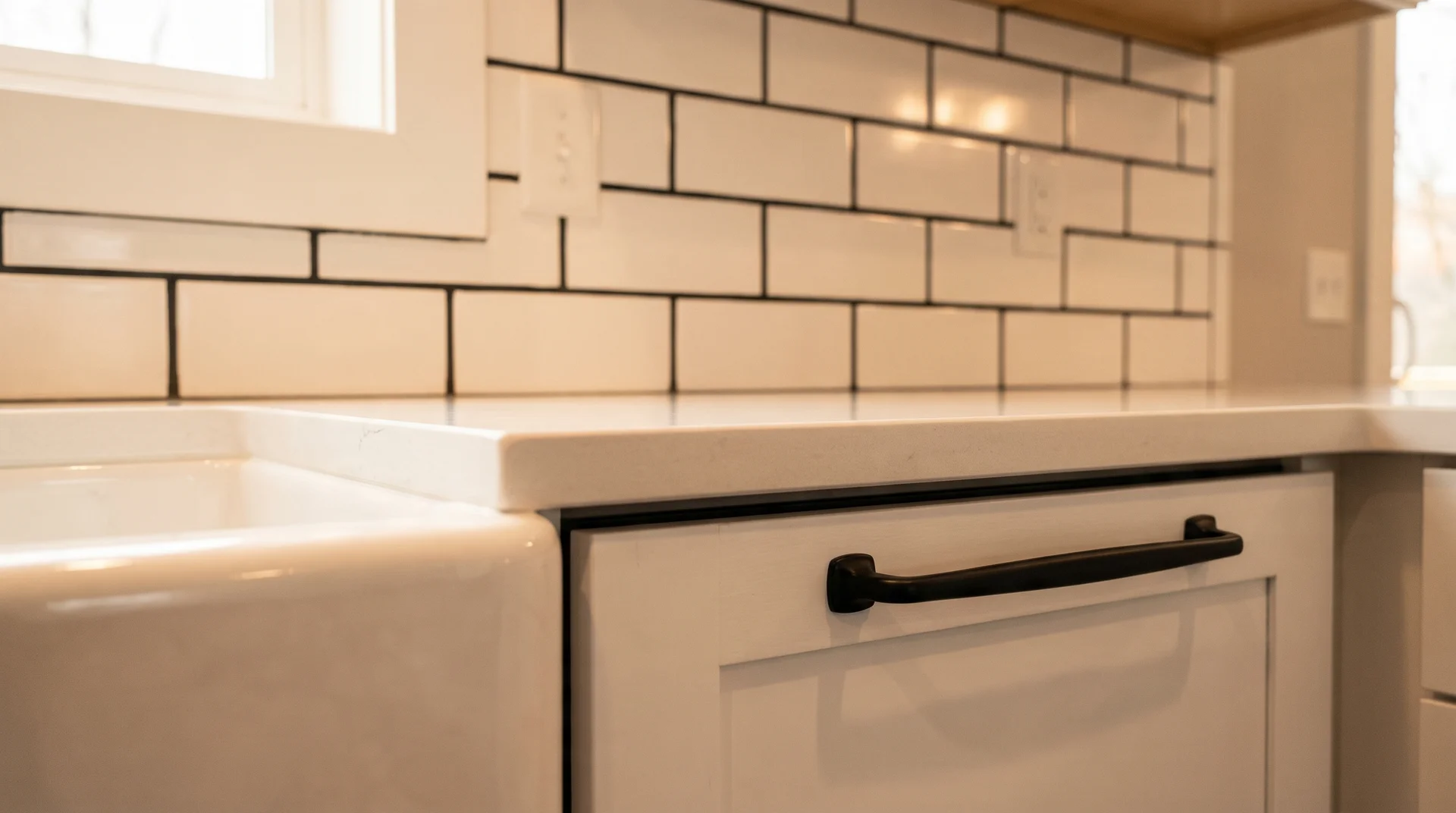 White subway tile with black grout and matte black cabinet hardware detail in a farmhouse kitchen 