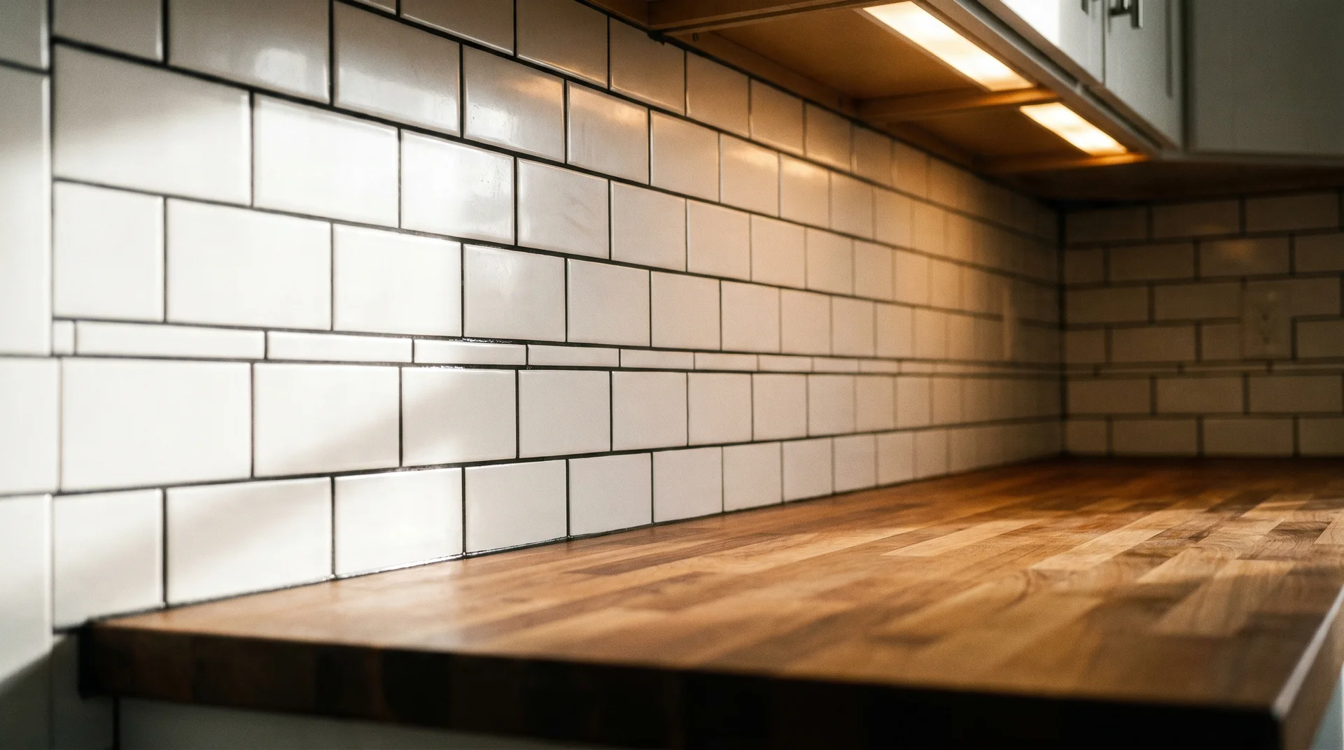 White subway tile with black grout kitchen backsplash, running bond pattern with warm wood countertop detail