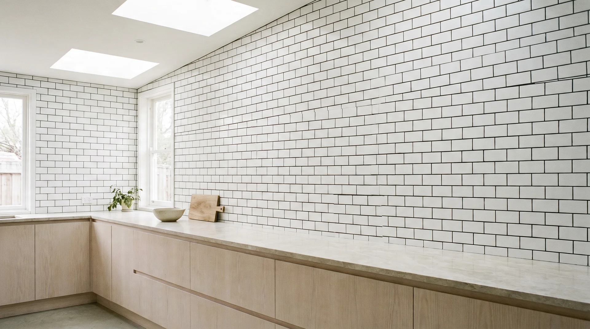 White subway tile with black grout running full height from countertop to ceiling in a kitchen with no upper cabinets