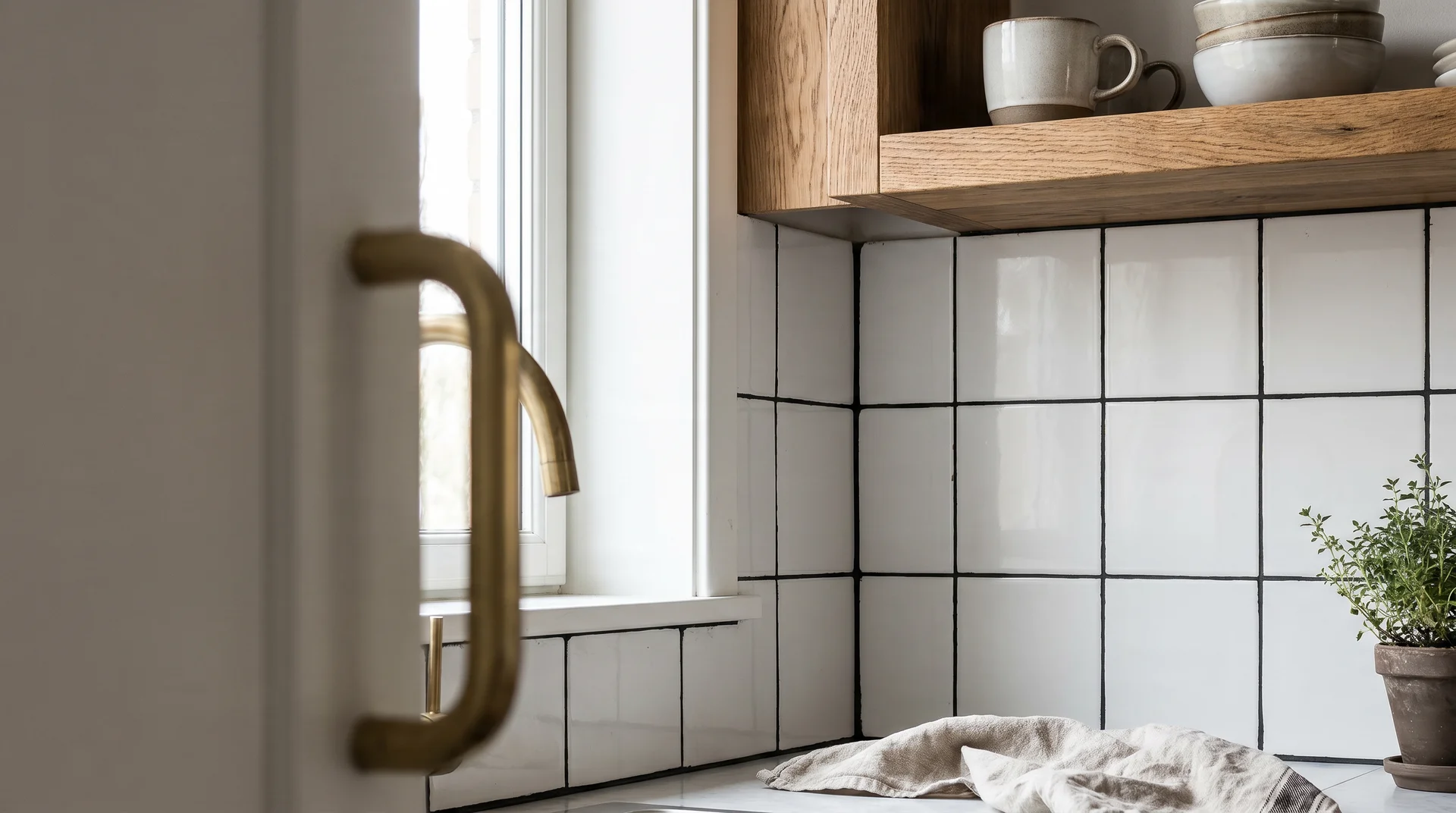 White tile black grout backsplash with brushed brass hardware and warm wood shelf — the three mediating elements together 