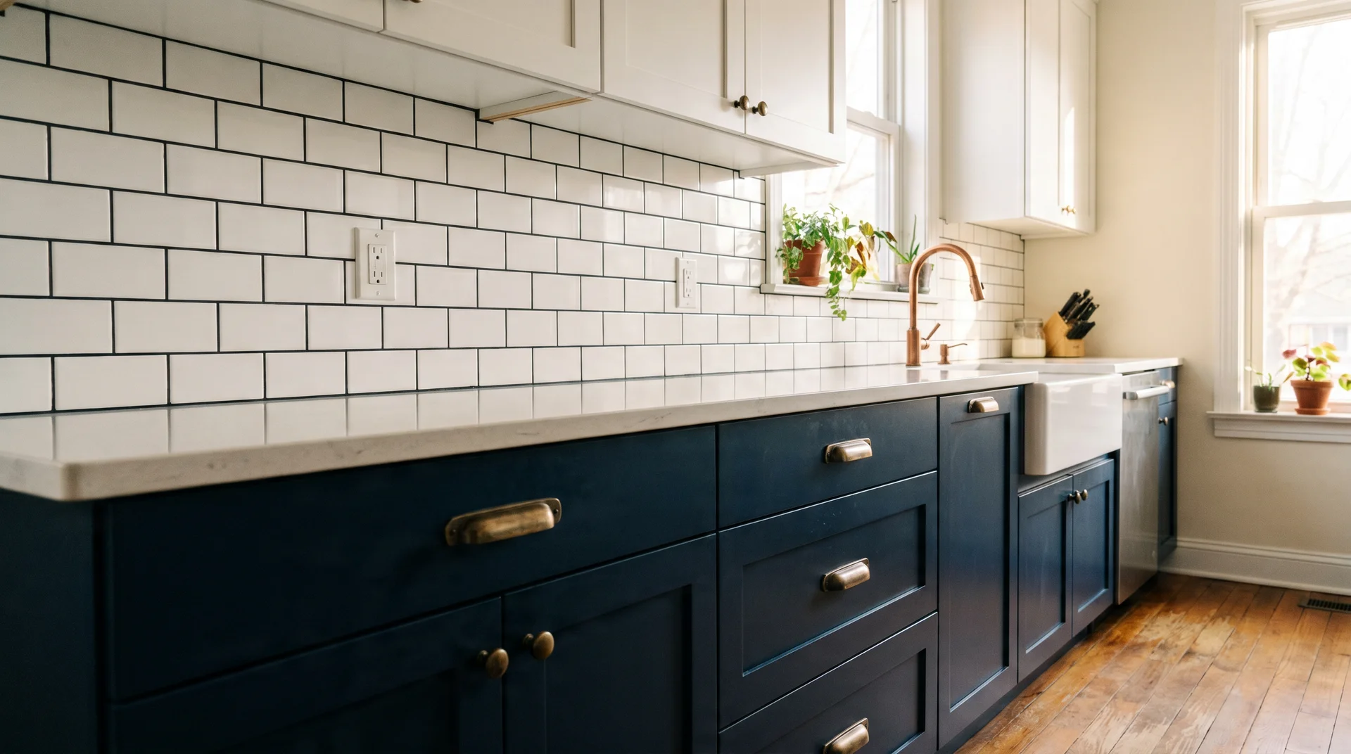 White tile with black grout backsplash between navy lower cabinets and white upper cabinets in a two-tone kitchen 