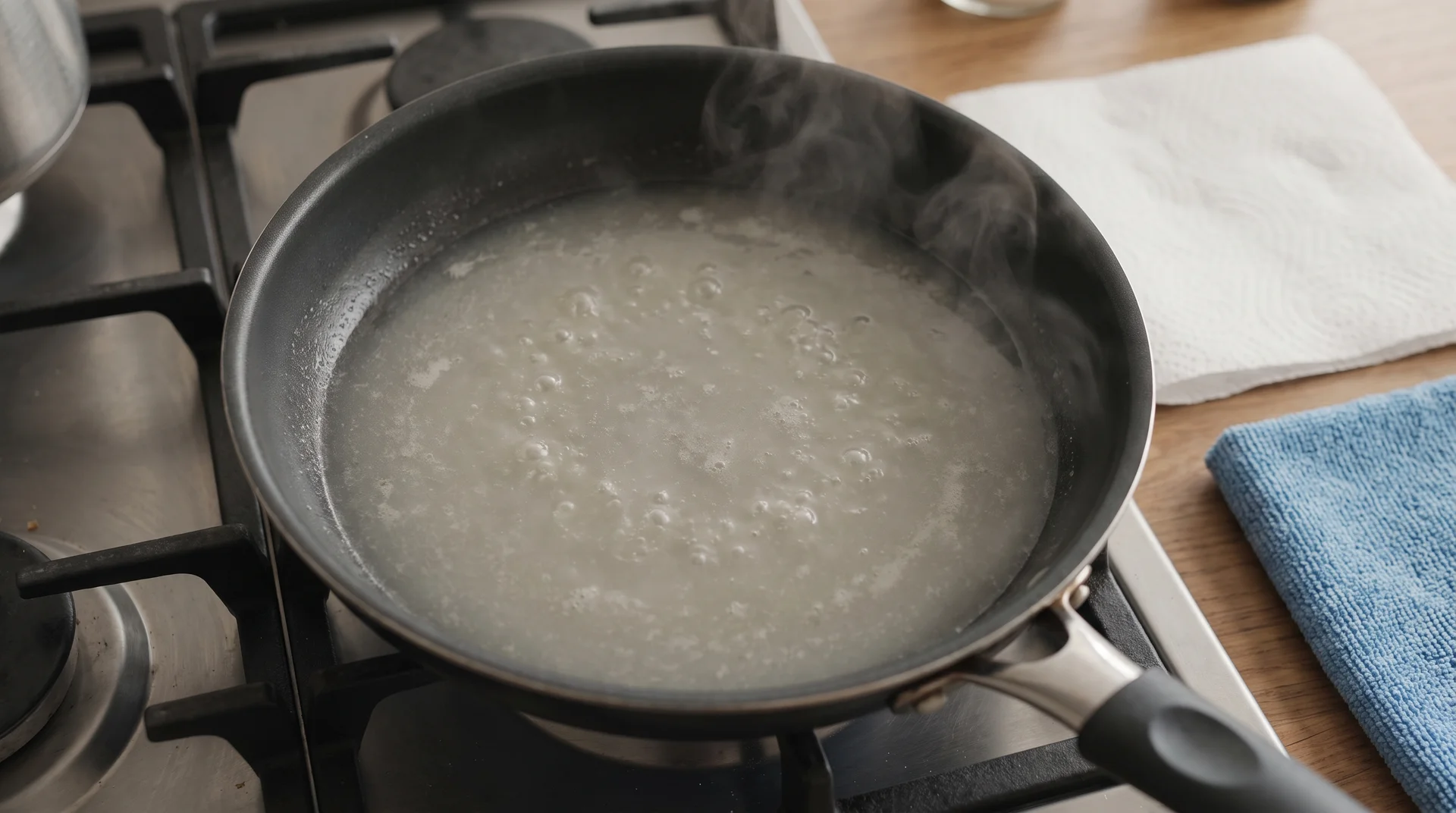 White vinegar and water solution simmering in a nonstick pan on a stovetop to remove cooking spray buildup residue