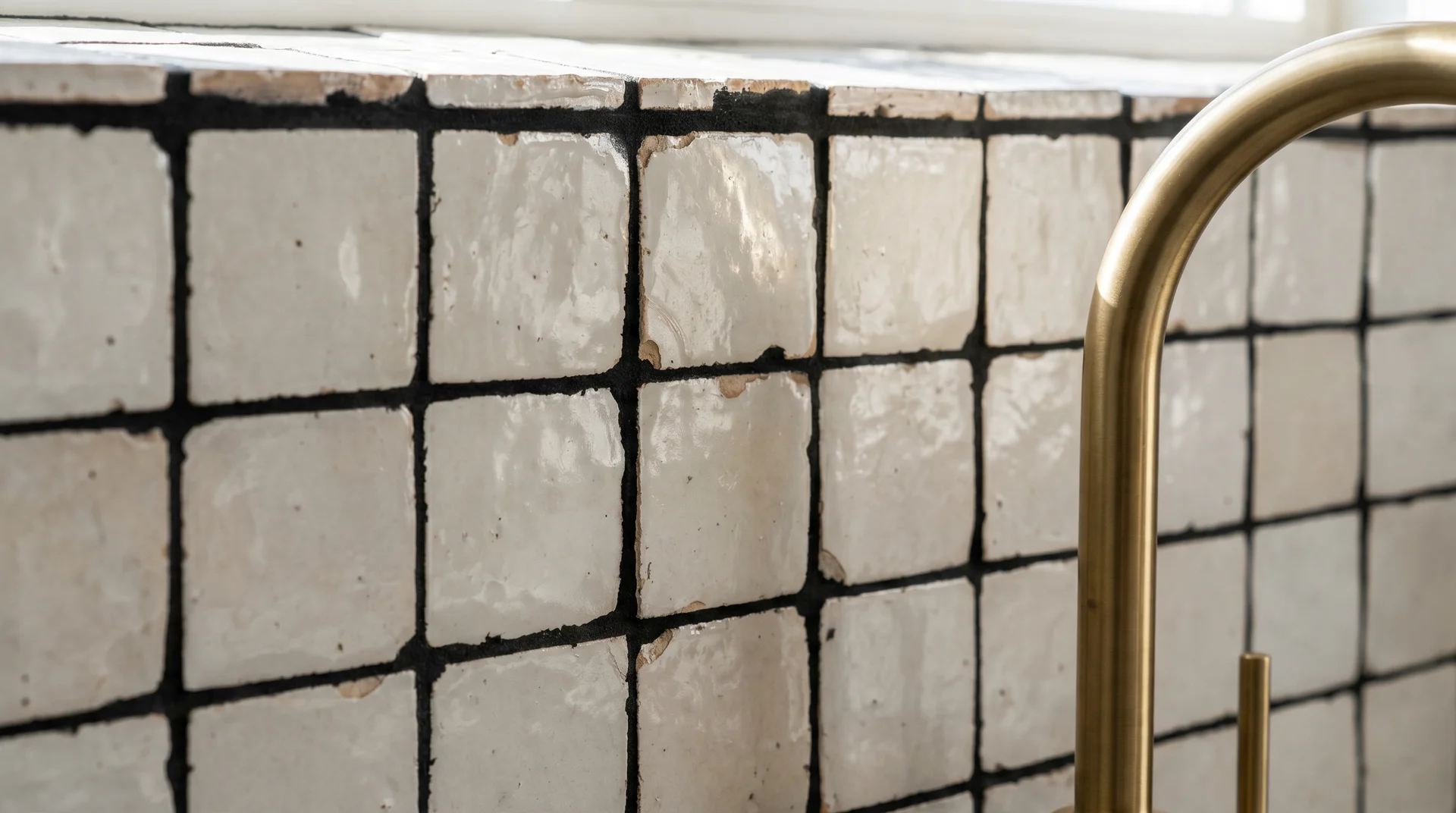White zellige tile with wide black grout joints and brushed brass fixture detail, textured surface under raking natural light 