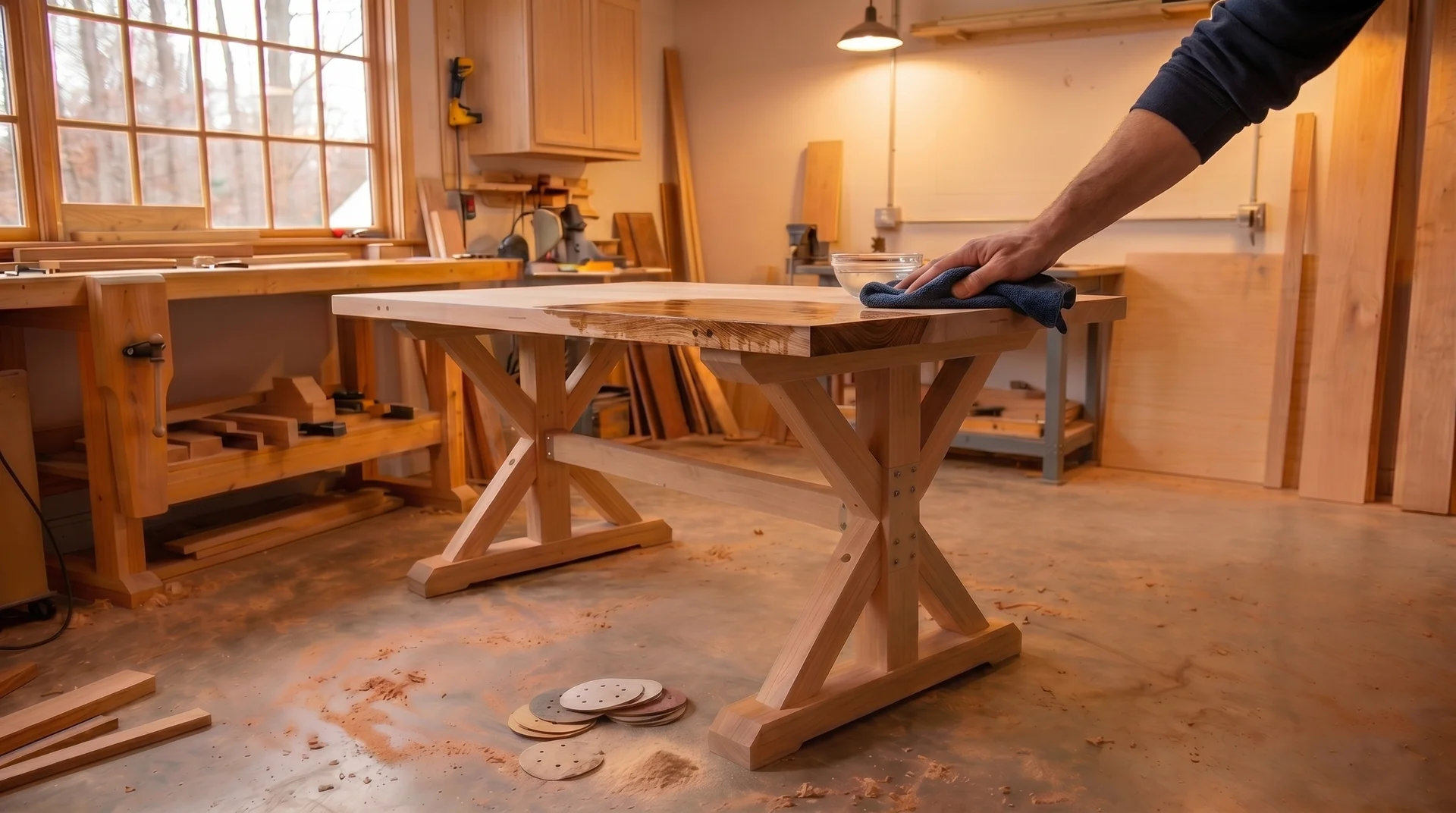 Wiping a tabletop to raise the grain before finishing