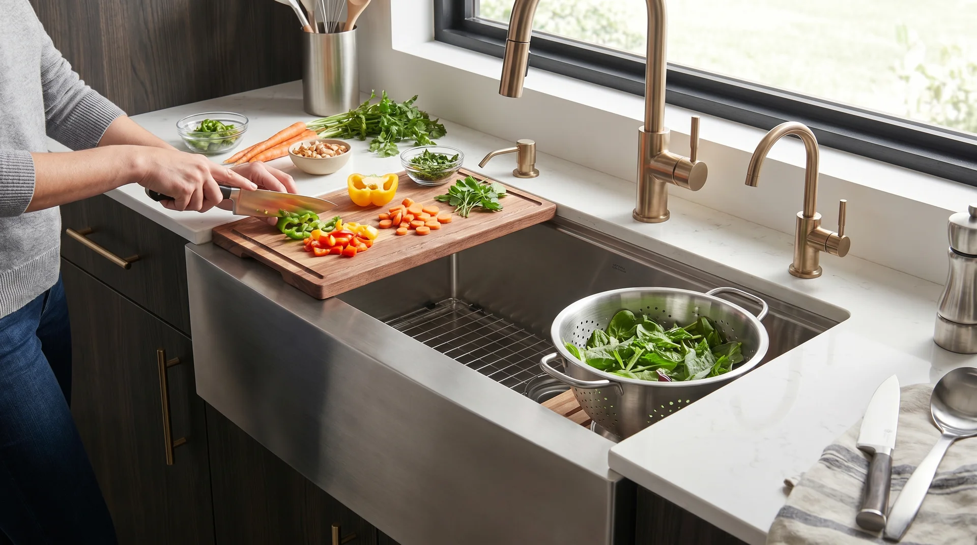 Workstation drop-in sink with integrated prep accessories