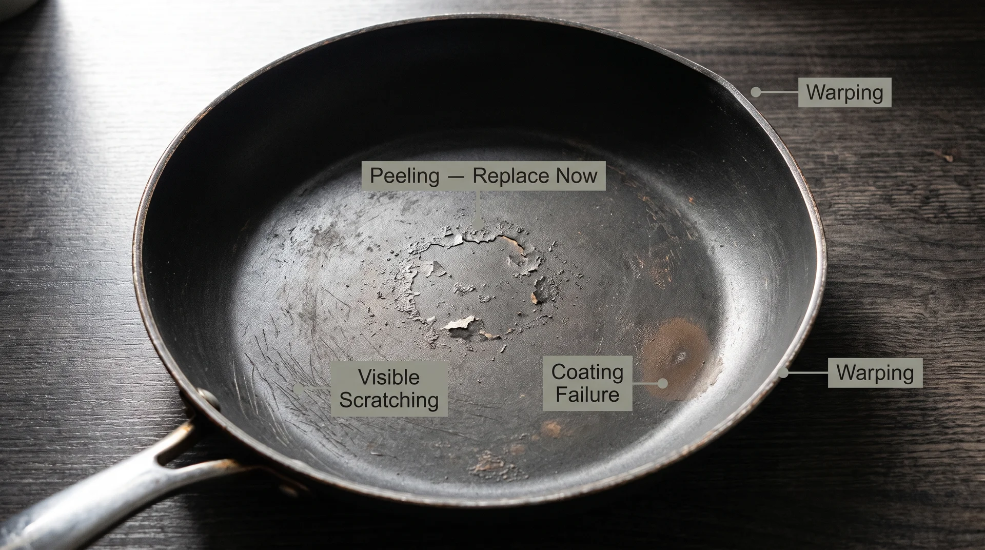 Worn nonstick pan interior under raking light with four labeled damage zones showing signs it's time to replace the pan.