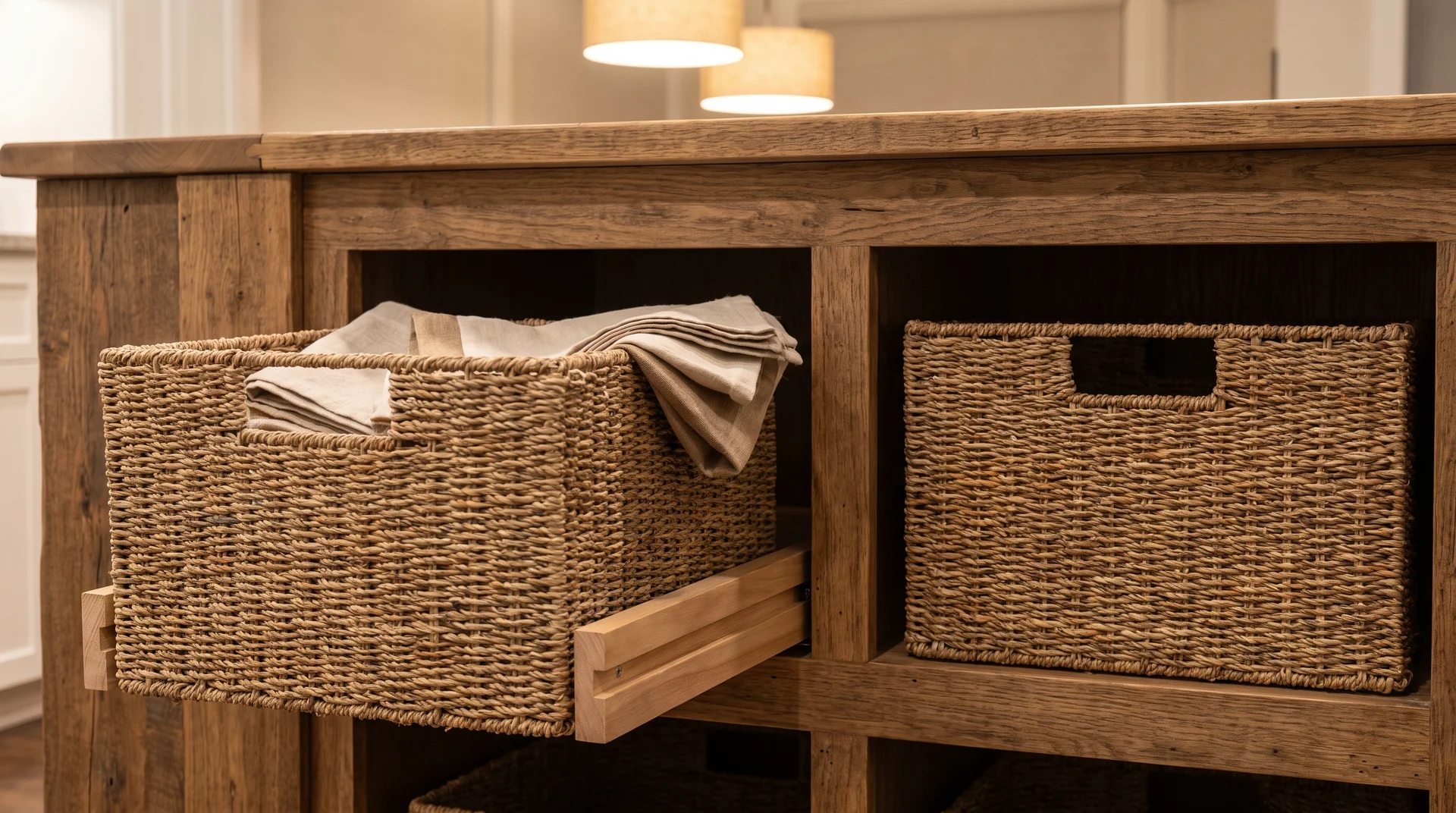 Woven seagrass baskets in open island shelving with one basket pulled out halfway showing side clearance gap