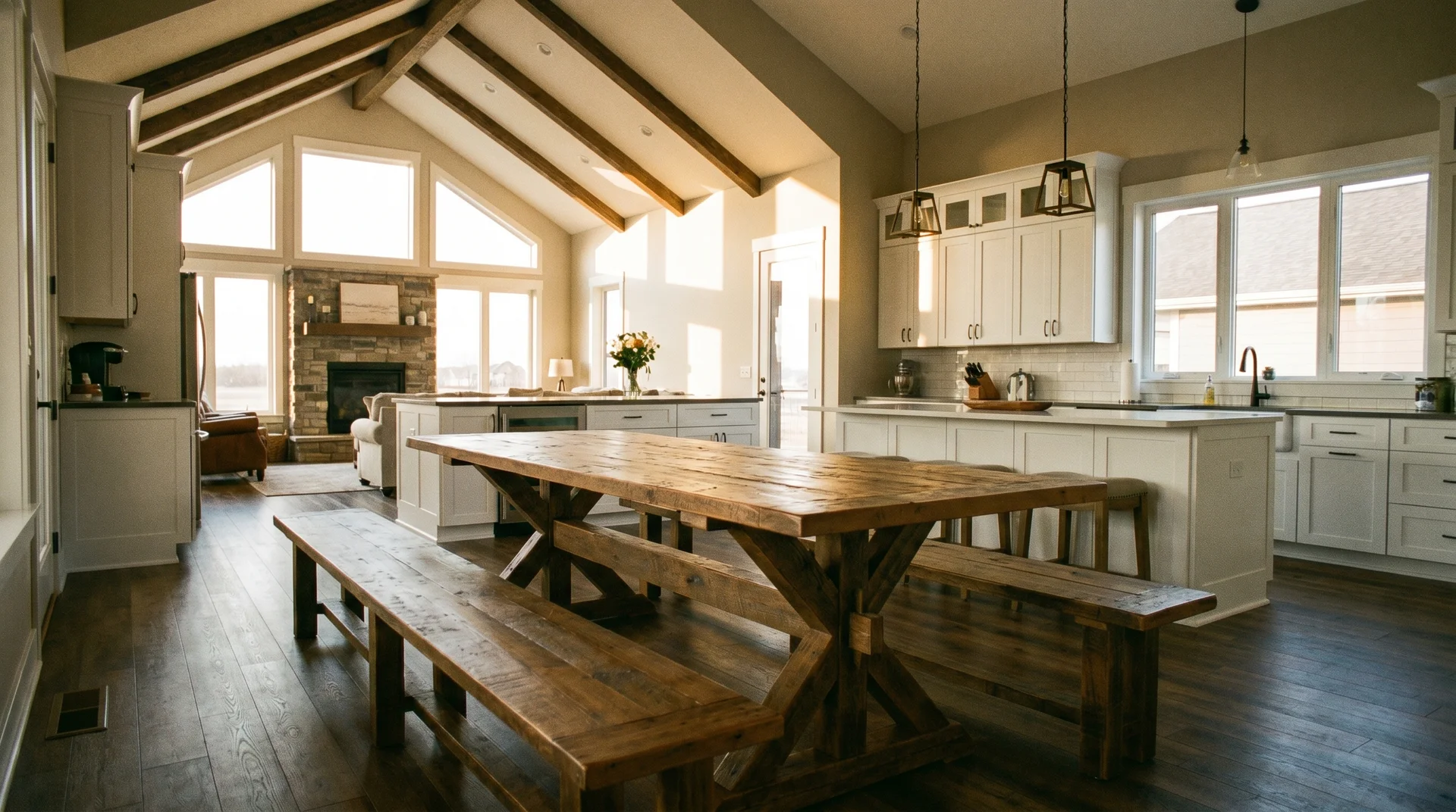 X-leg farmhouse table serving as a focal point in an open-plan room