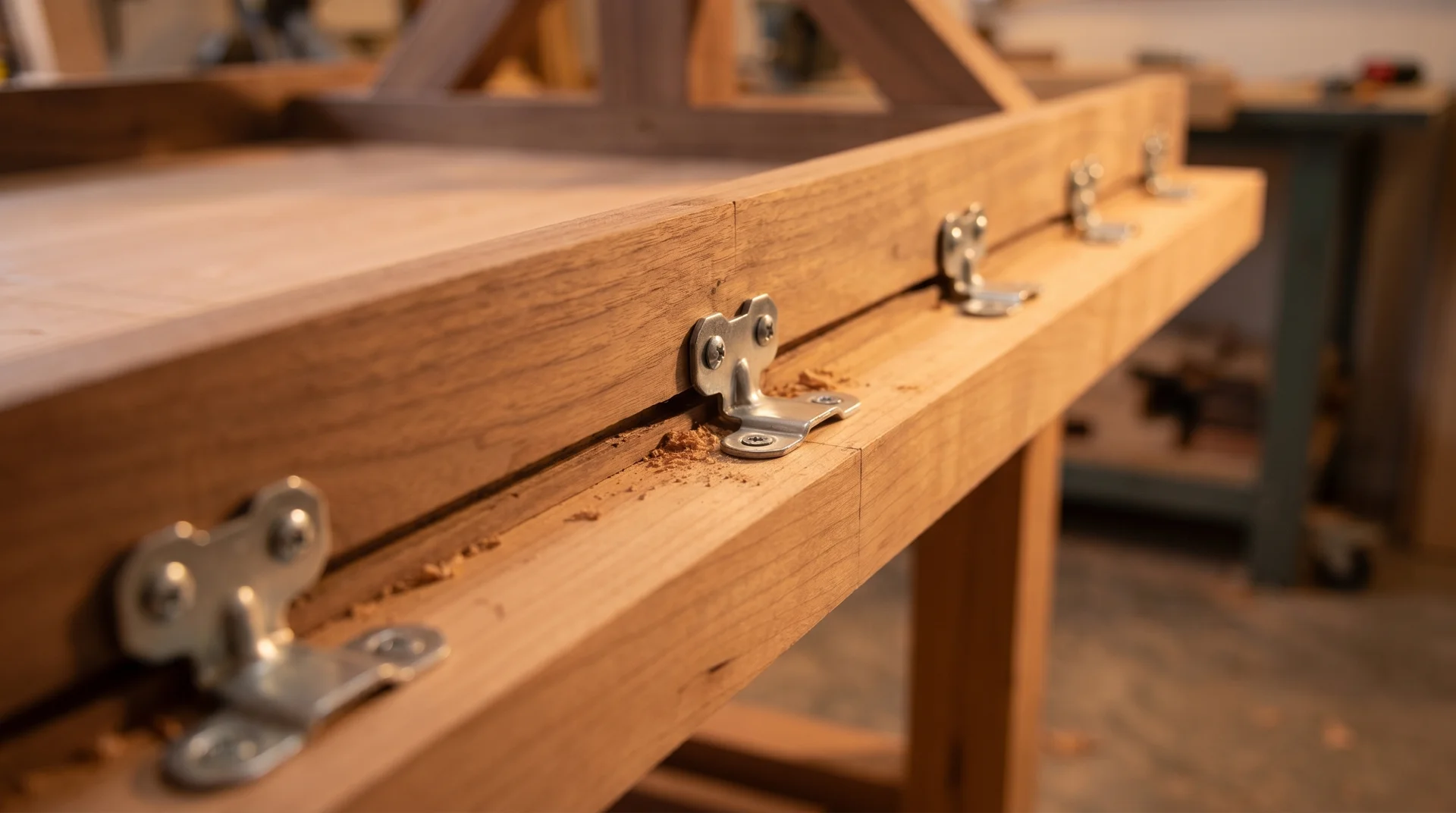 Z-clip slot cut into farmhouse table apron rail