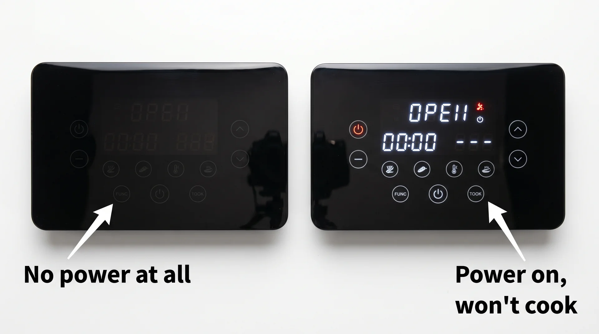 air fryer completely dead vs display on won't start — two diagnostic states compared