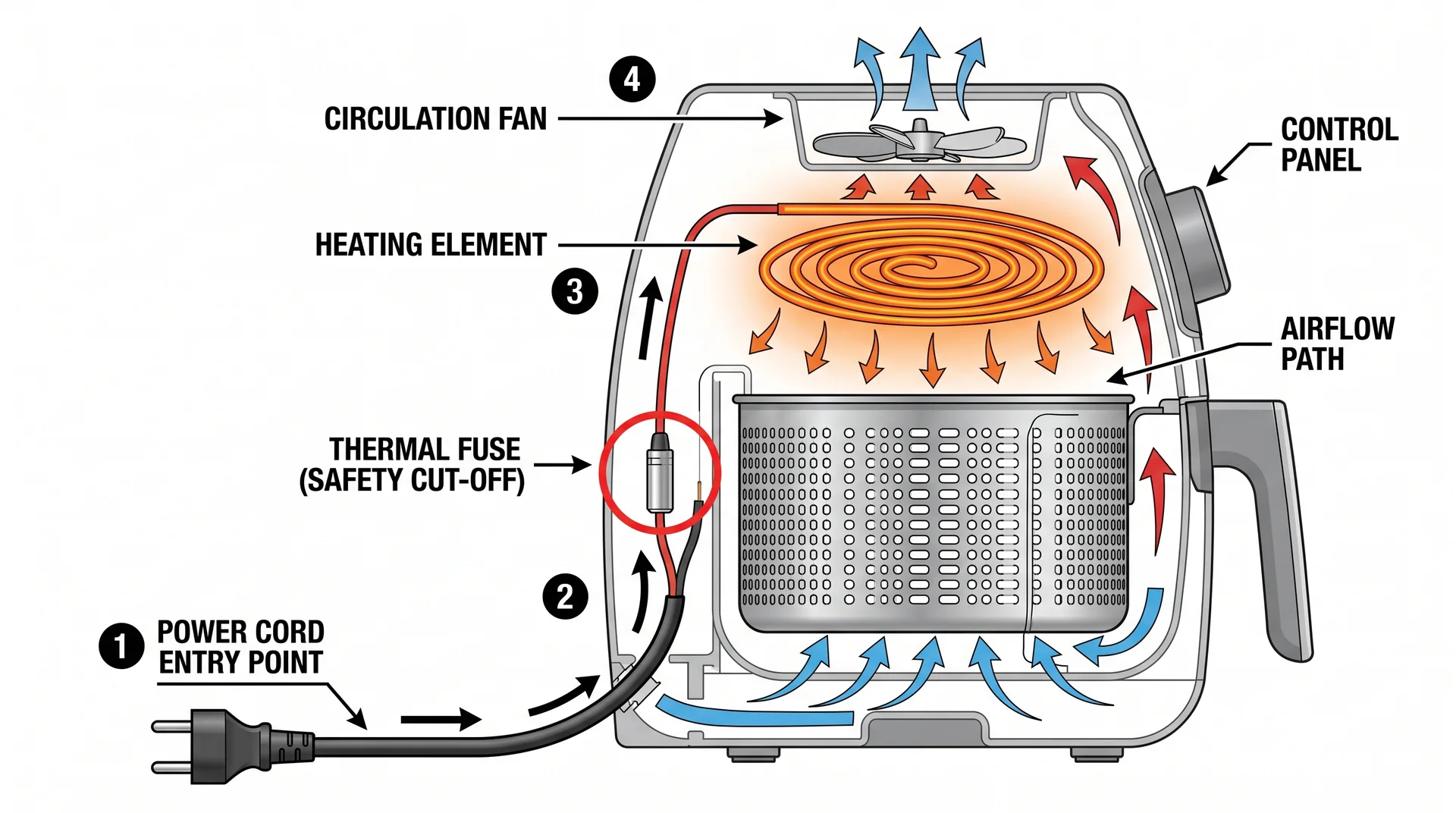 air fryer thermal fuse location diagram — blown fuse troubleshooting