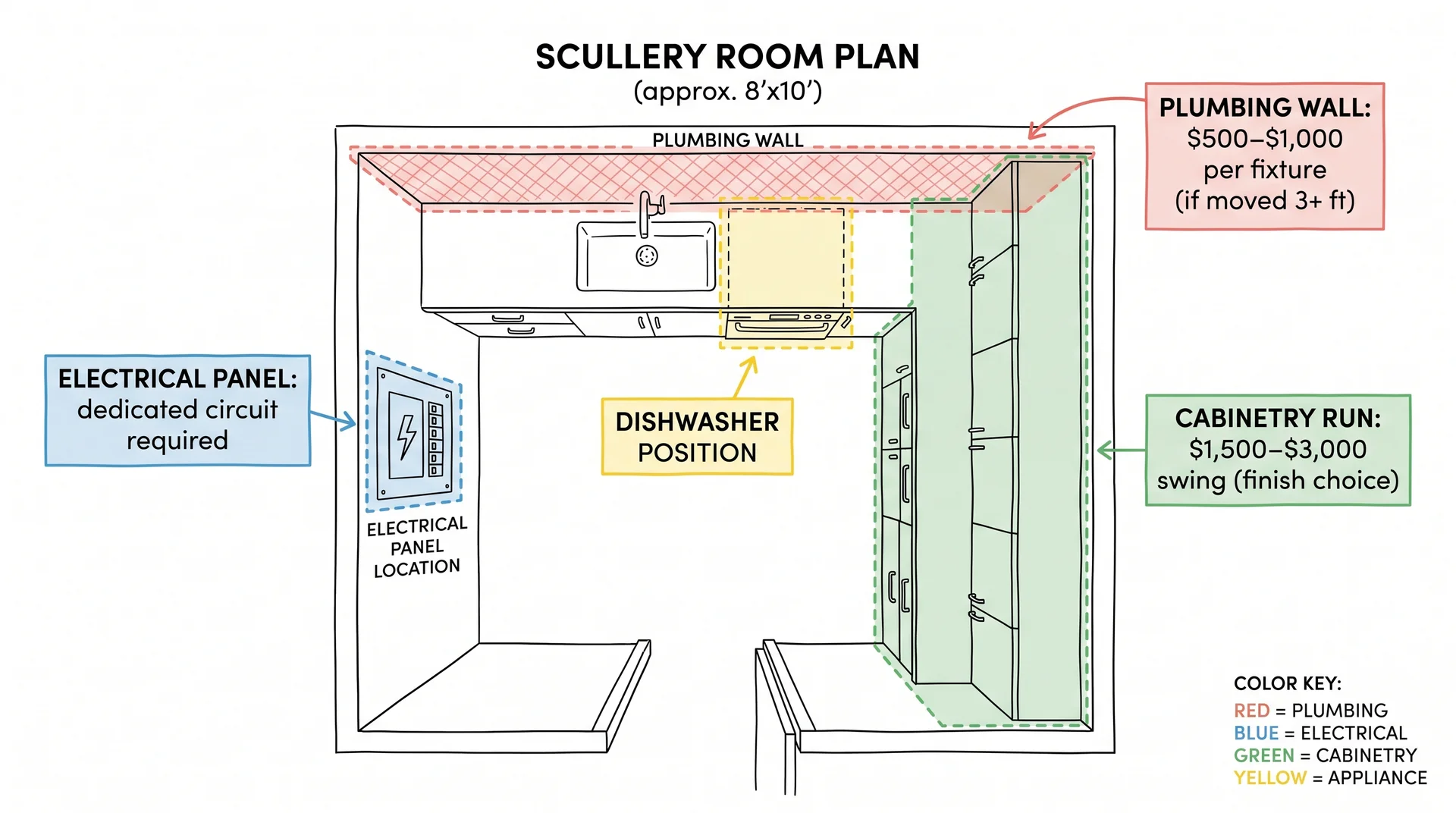 annotated scullery floor plan showing plumbing electrical and cabinetry cost zones