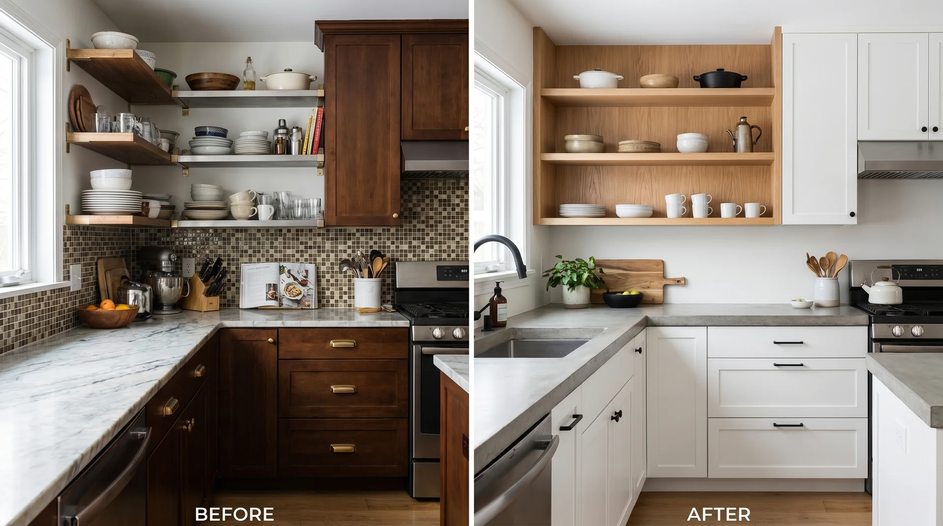 before and after kitchen showing over-specified design versus one-hero visual hierarchy